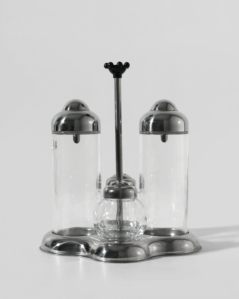 Stainless Steel Memphis Set by Matteo Thun | The Oblist — vintage design, clear glass