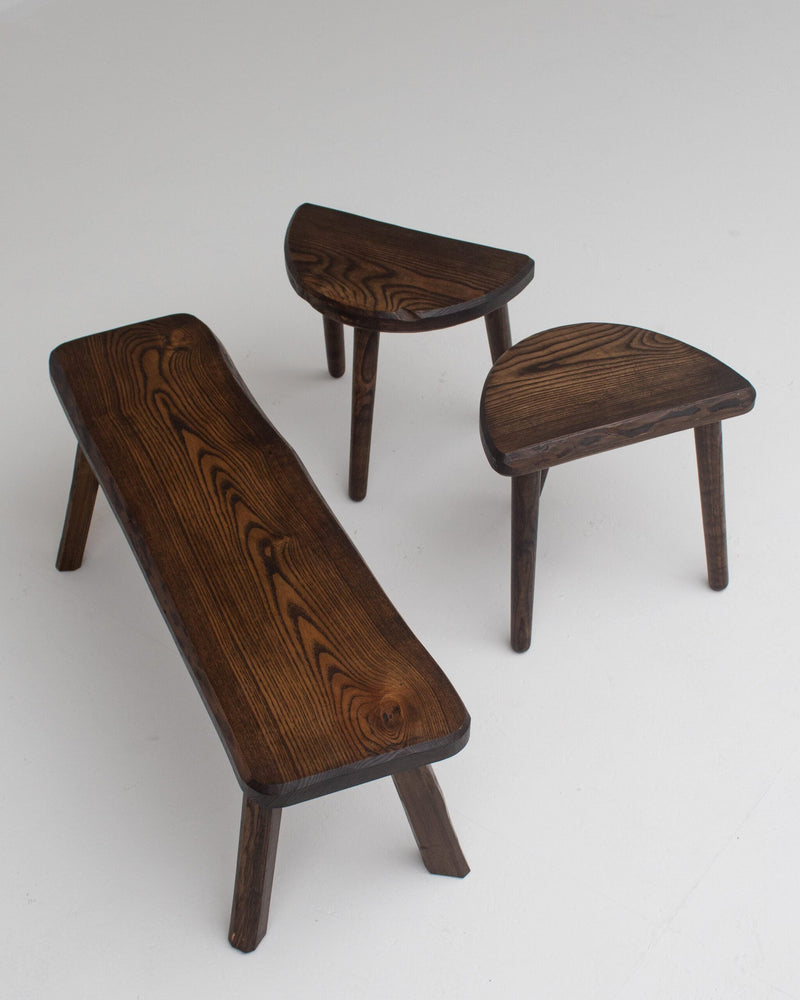Mid Century Bench and Stools in wood — detail view