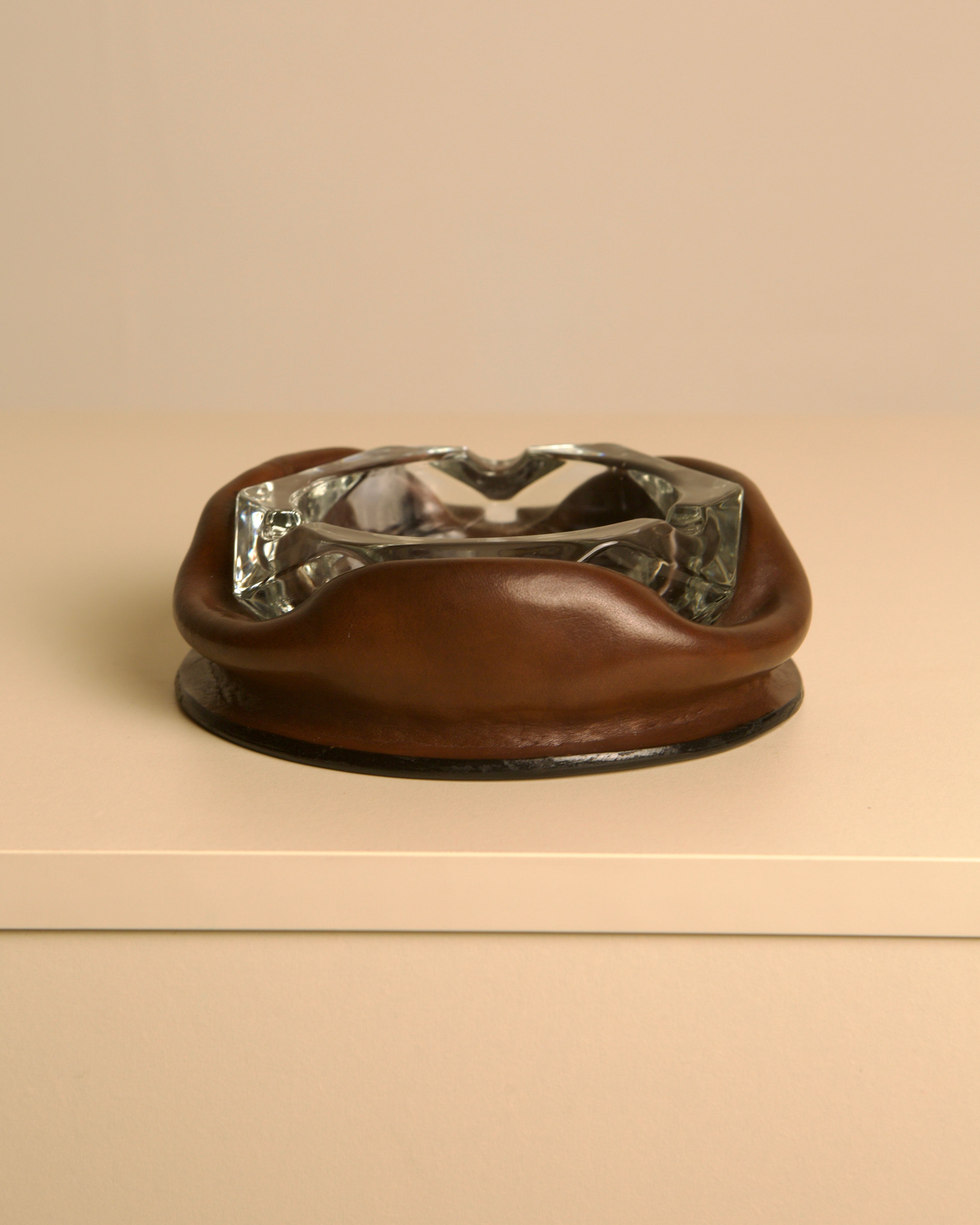 60s Italian brown leather glass ashtray — detail view