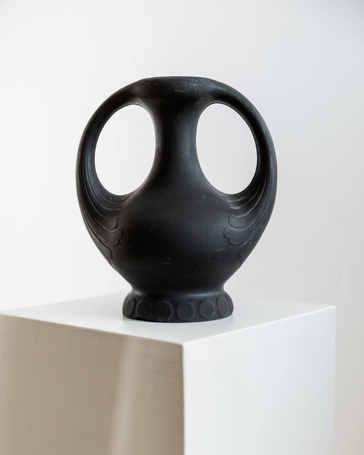 Antique 1920s Lavanite Stone Vase, Sculptural Black Matte Design with Two Handles, Fine Textured Surface, Art Deco Flowervase, Gift Idea — side angle