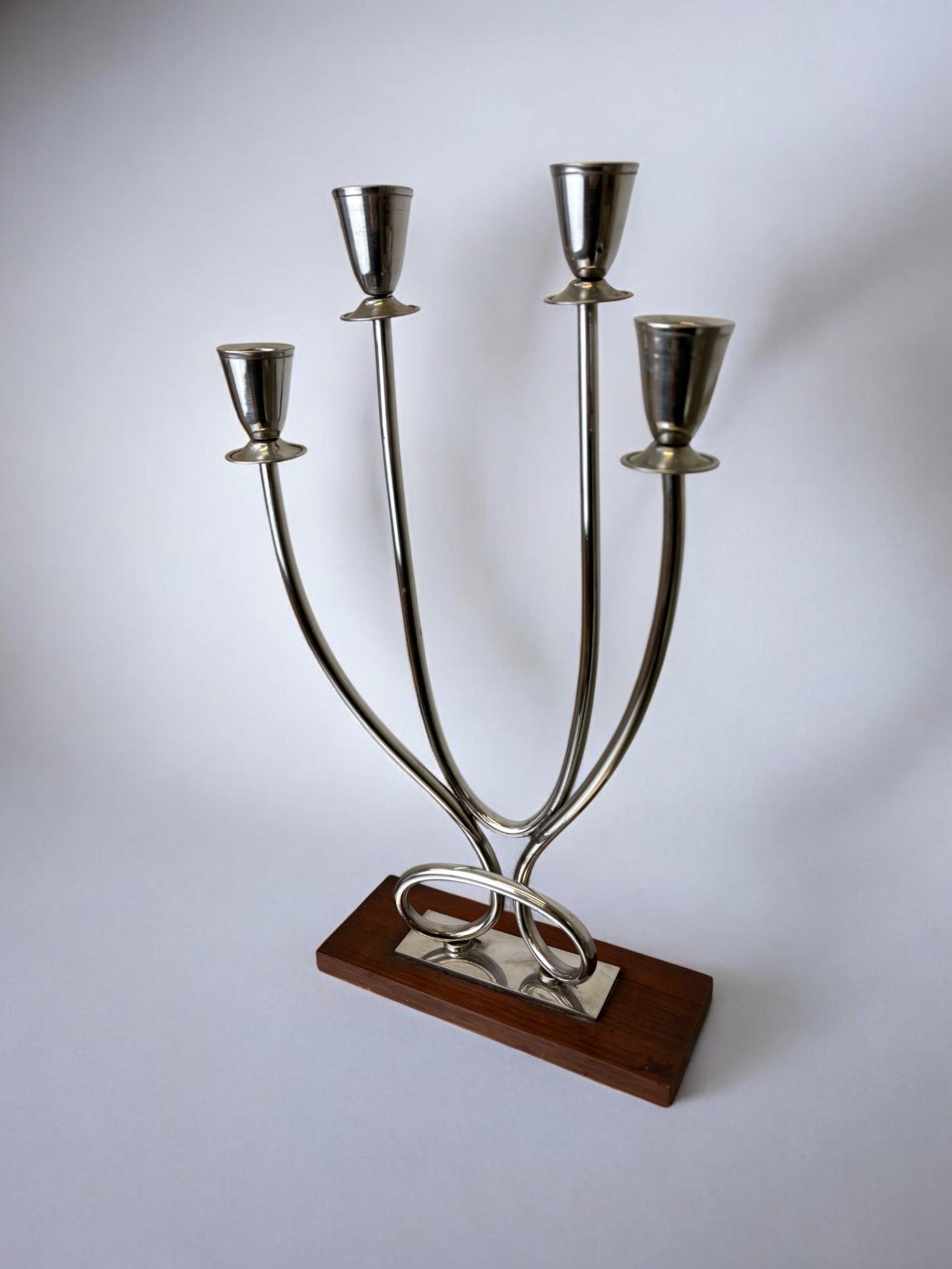 Art deco candlestick in stainless steel and rosewood, 4 flames, Spain, 1970's — side angle