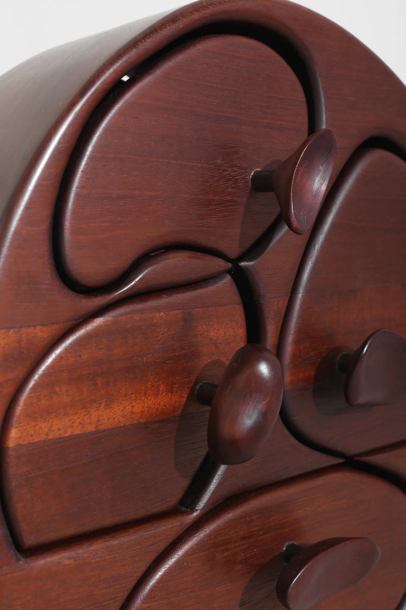 Mahogany Handmade Jewelry Box, Signed — close-up of carved drawer handles