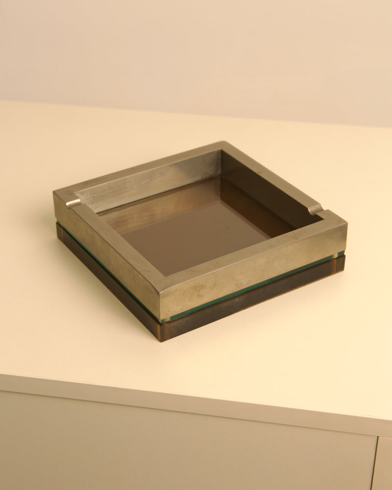Large square Italian metal and glass ashtray from 1970s