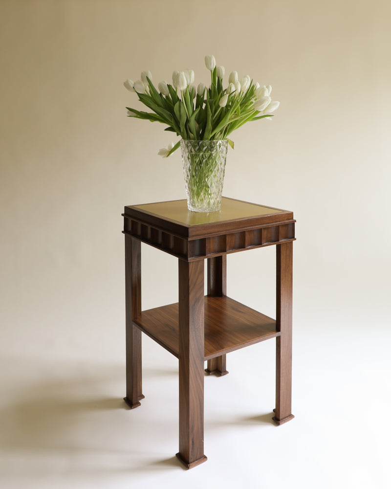 Grand Polène Side Table — close-up of wooden frame with glass top