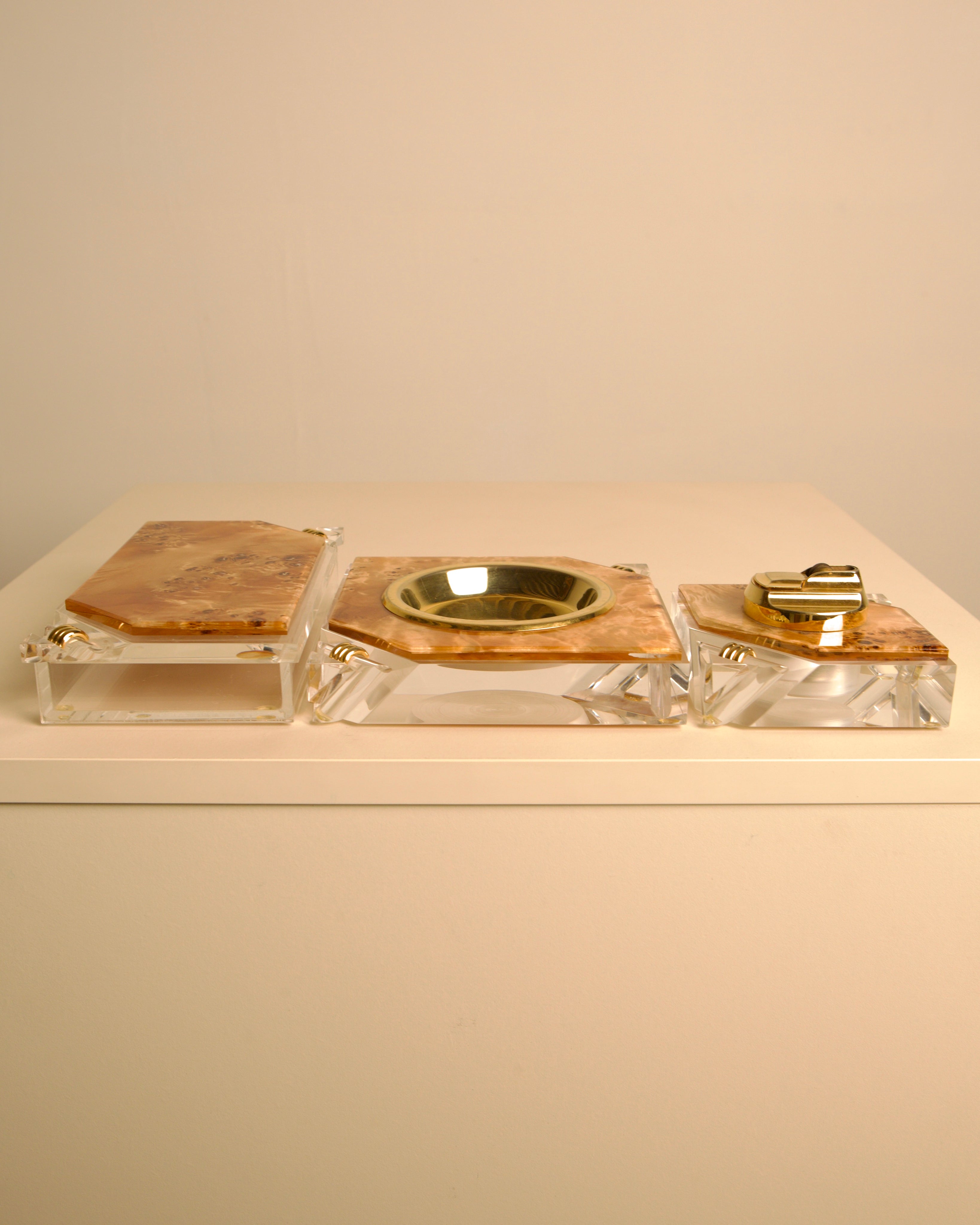 Italian 70s desk set for smokers in wood, plexiglass, and brass — side angle