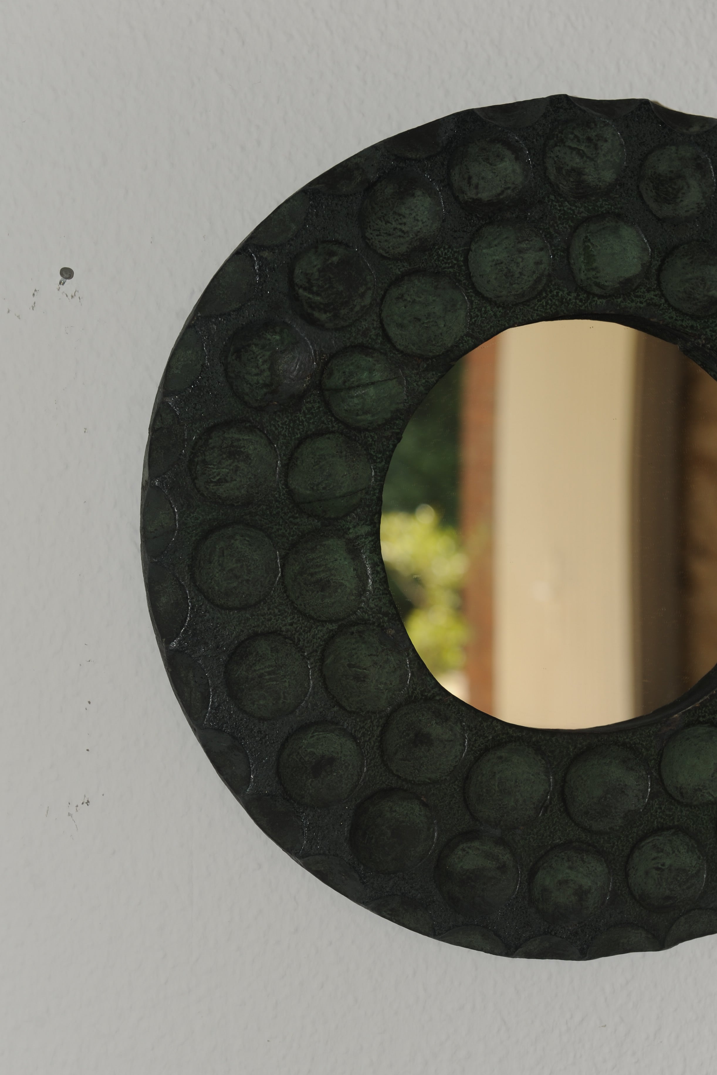 Vintage Small Brutalist Mirror in Green Slate Finish, France 1970s — lifestyle setting