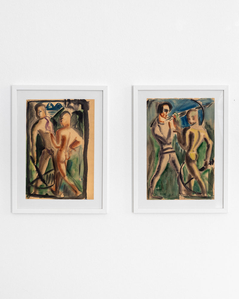 Pair of Watercolour Paintings by Spigel | The Oblist — framed, vibrant colors