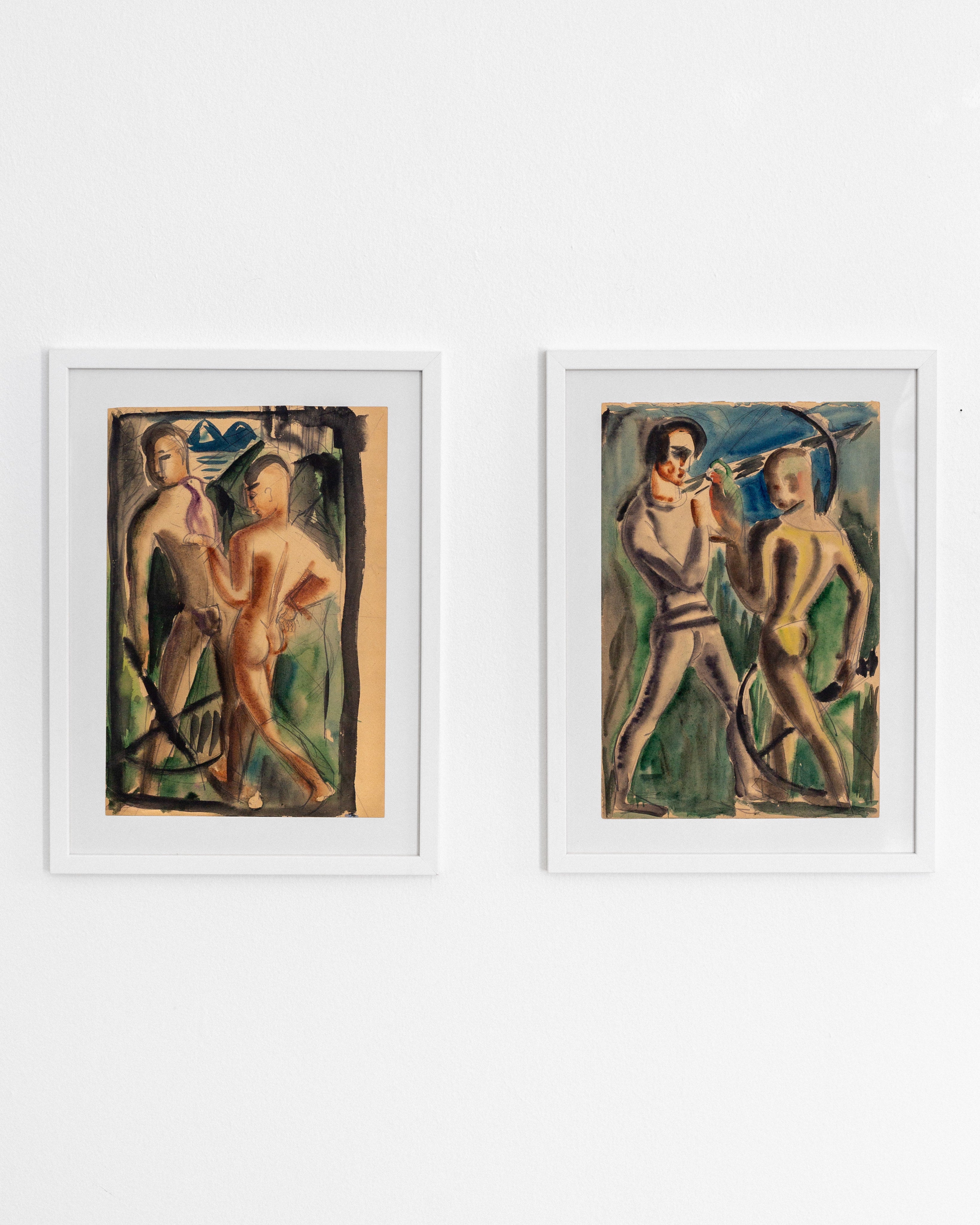 Pair of Watercolour Paintings by Spigel | The Oblist — framed, vibrant colors