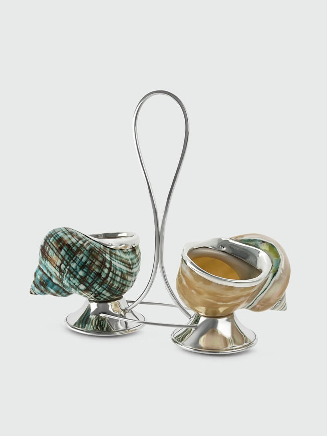 Salt and Pepper Holders — side view with ceramic shells and metal stand