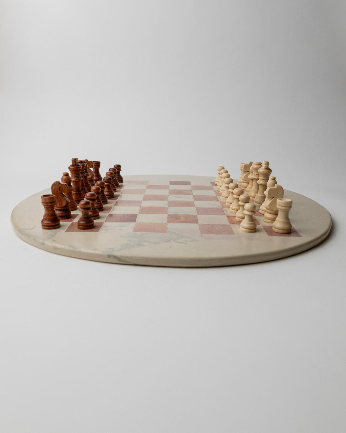 Vintage 1980s round Marble Chess Set, Beige and Rose Marble Chess Board with Wooden Pieces, Classic Strategy Game, Table Game, Gift Idea — side angle
