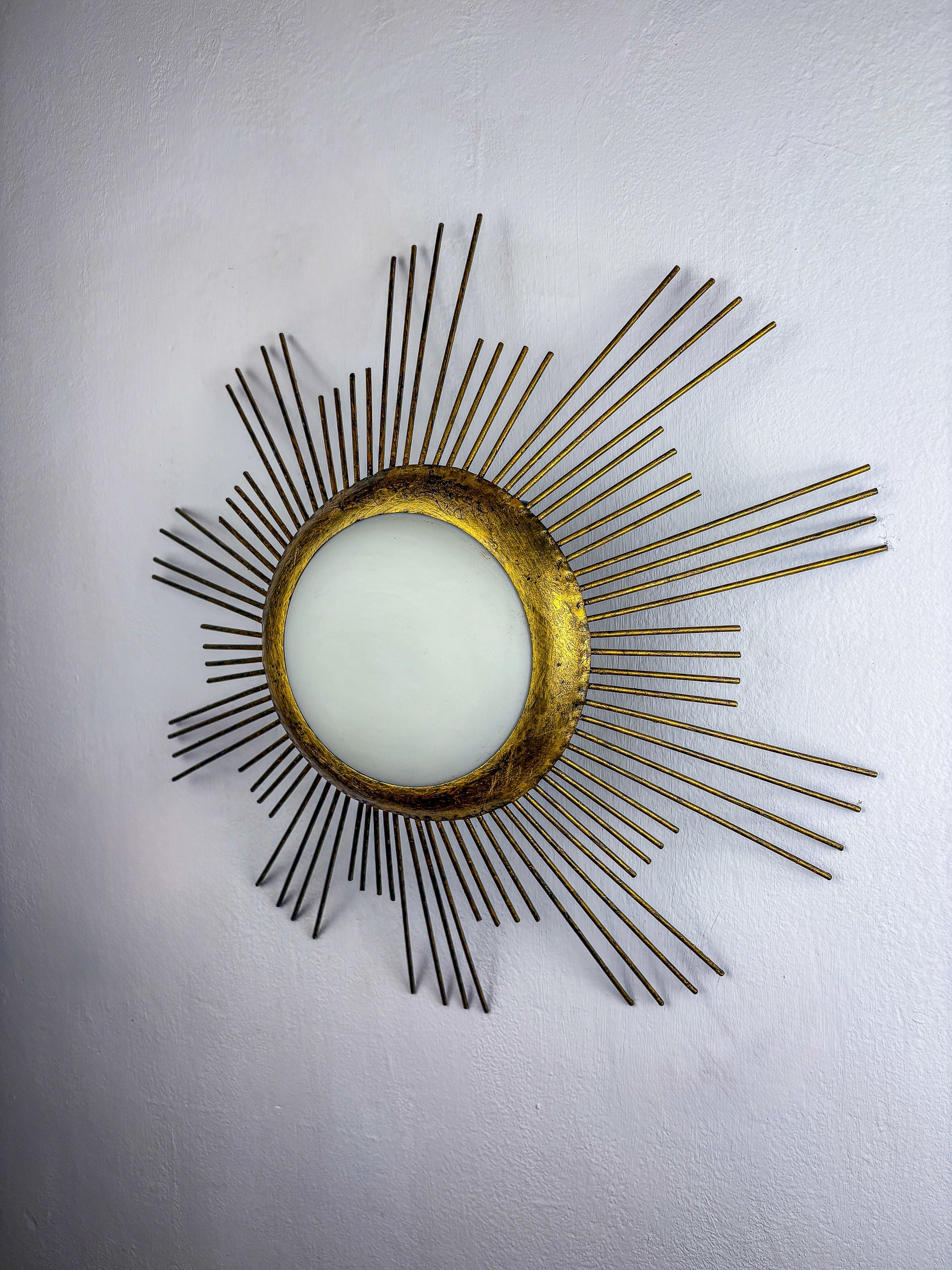 Large Sunburst Brutalist Ceiling Flush Mount or Pendant – Gilt Iron Rays & Opaline, France, 1950s — side angle