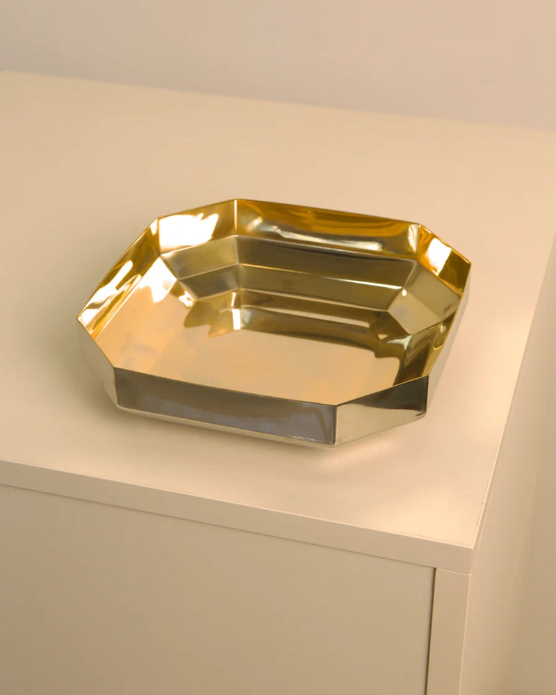 Large Italian golden metal vide-poche octagonal tray from 1980s