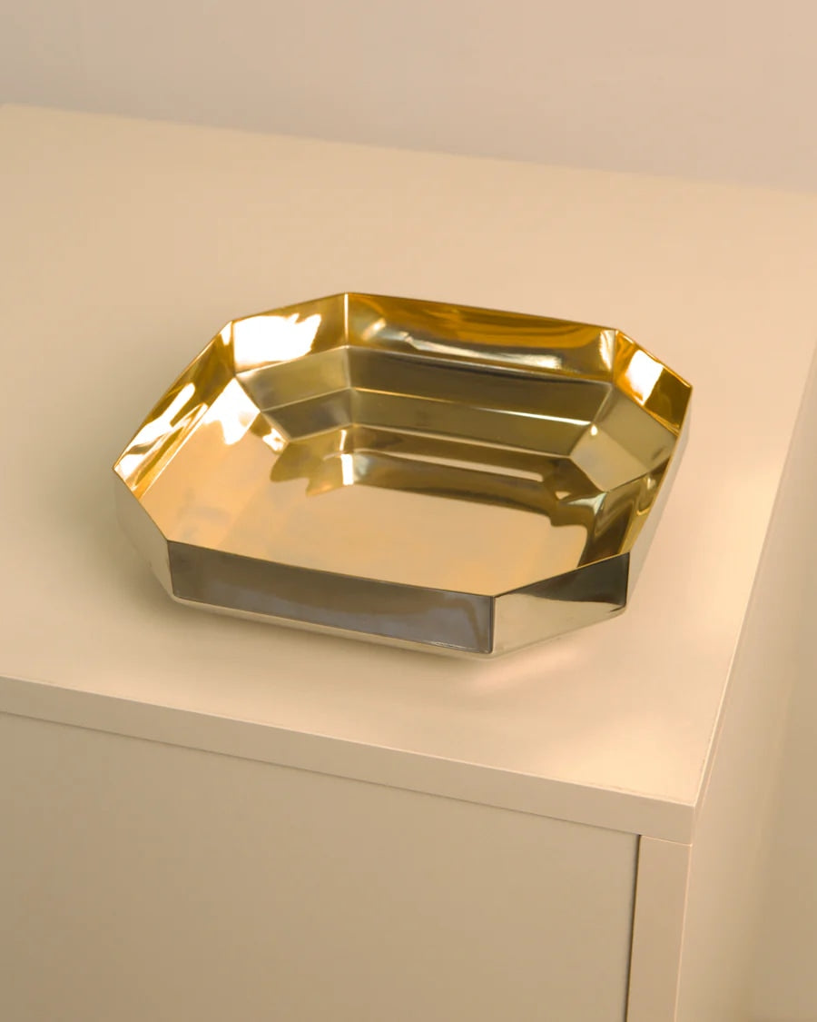 Large Italian golden metal vide-poche octagonal tray from 1980s