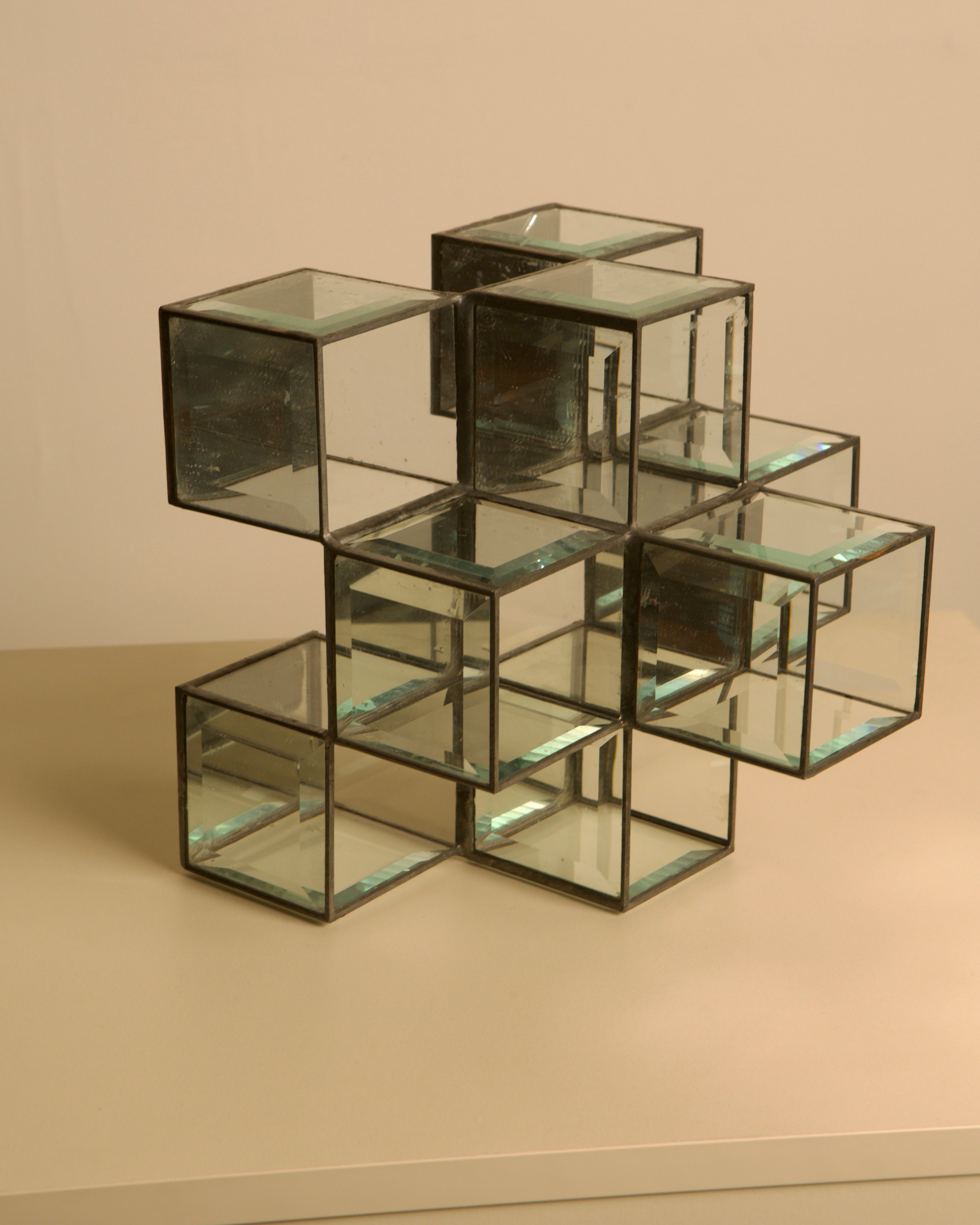 Italian handcrafted metal and glass candle holder from the 70s — top view showing glass cube arrangement