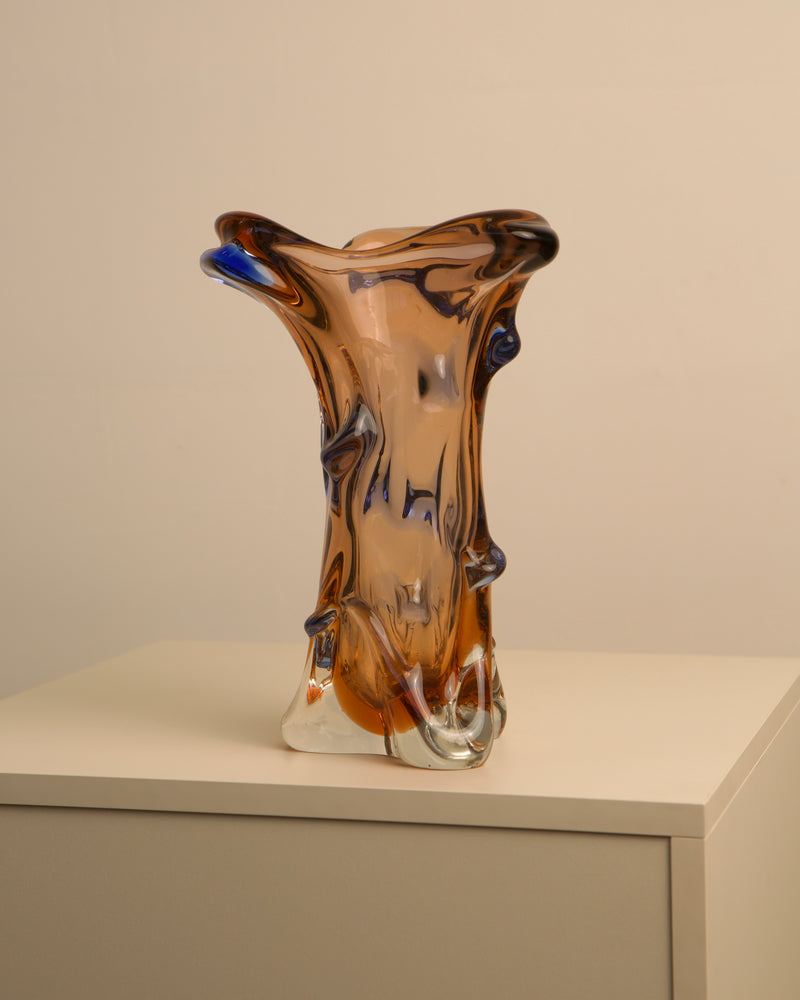 Large amber Murano glass vase with organic flowing form from 1980s