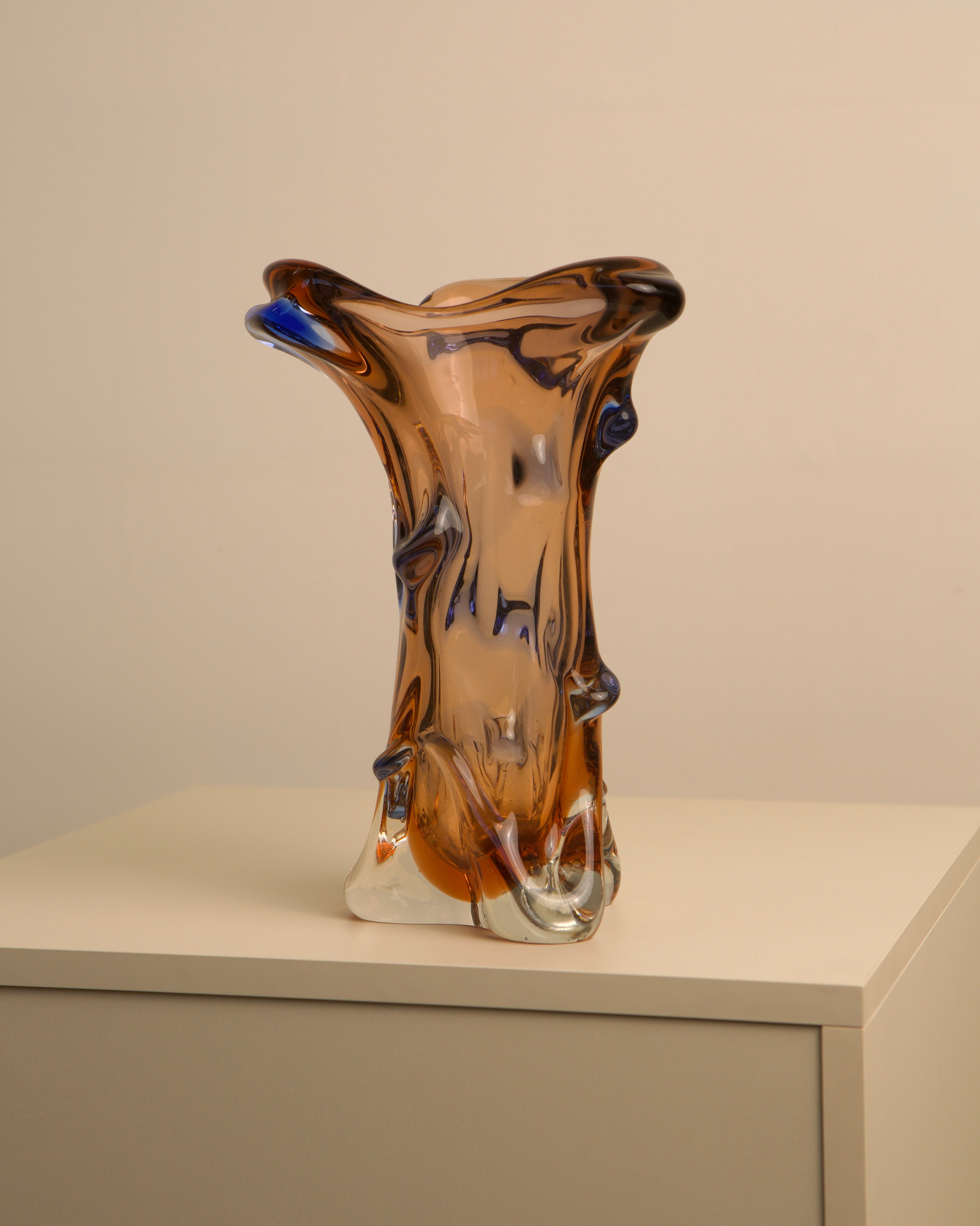 Large amber Murano glass vase with organic flowing form from 1980s