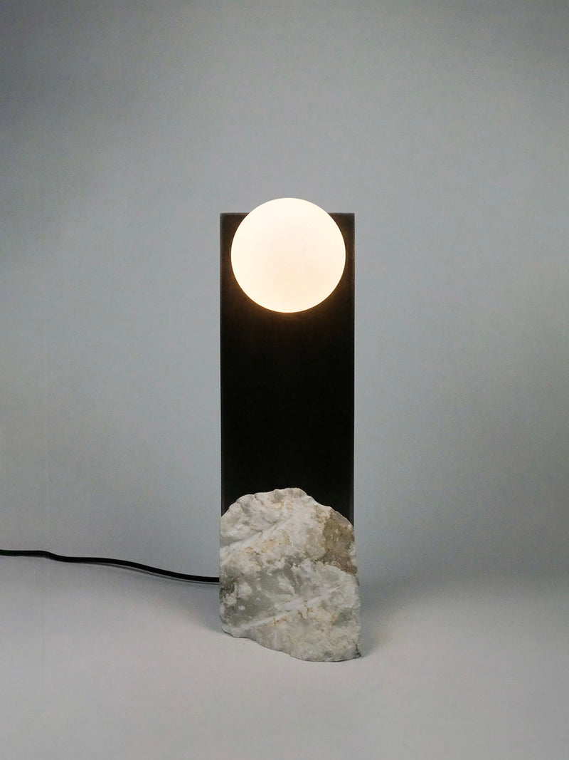 Himalaya Lunar vertical table lamp with illuminated sphere and raw stone base