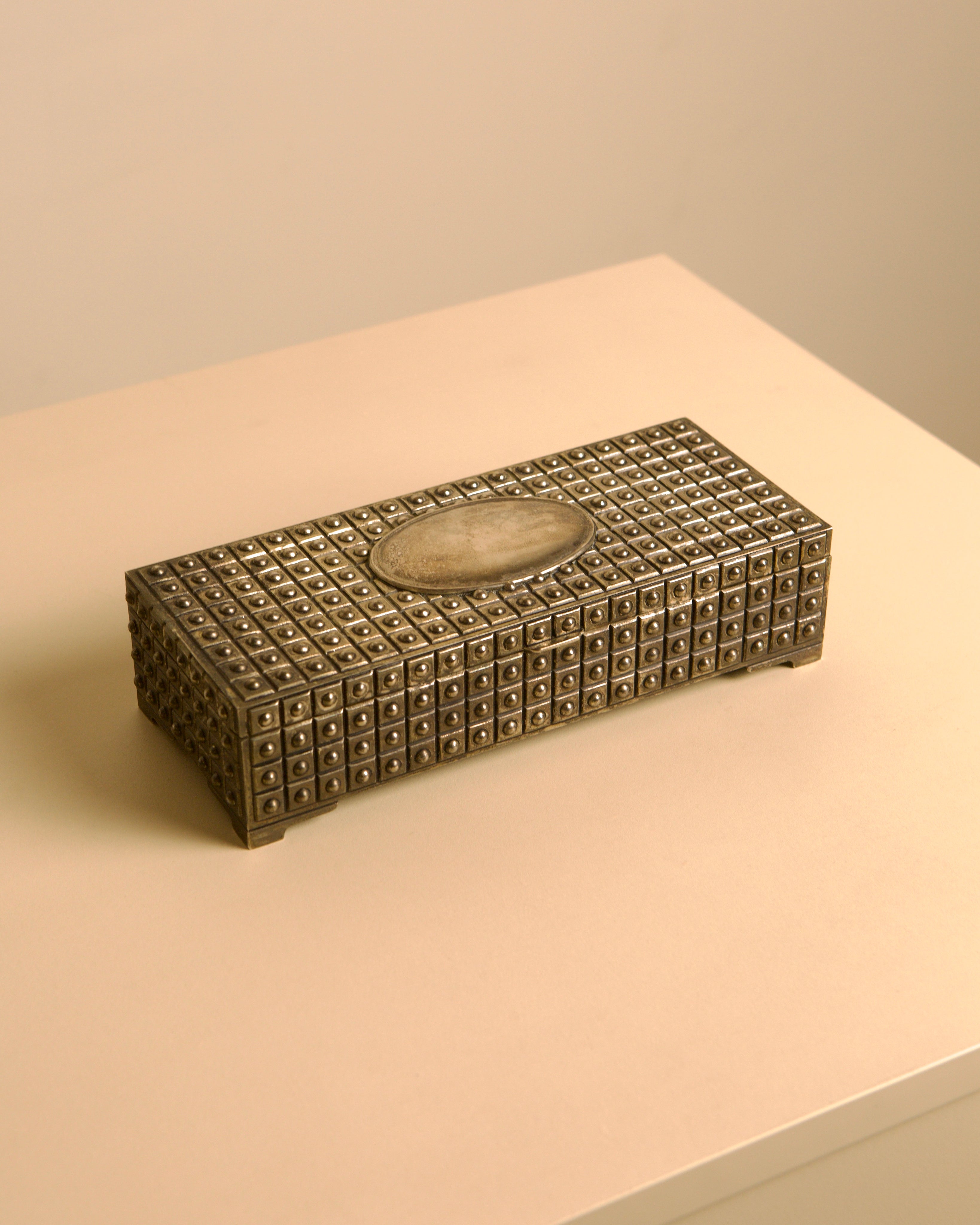 Italian studded metal jewelry box with blue velvet interior, 1950s by Treaptyque | The Oblist