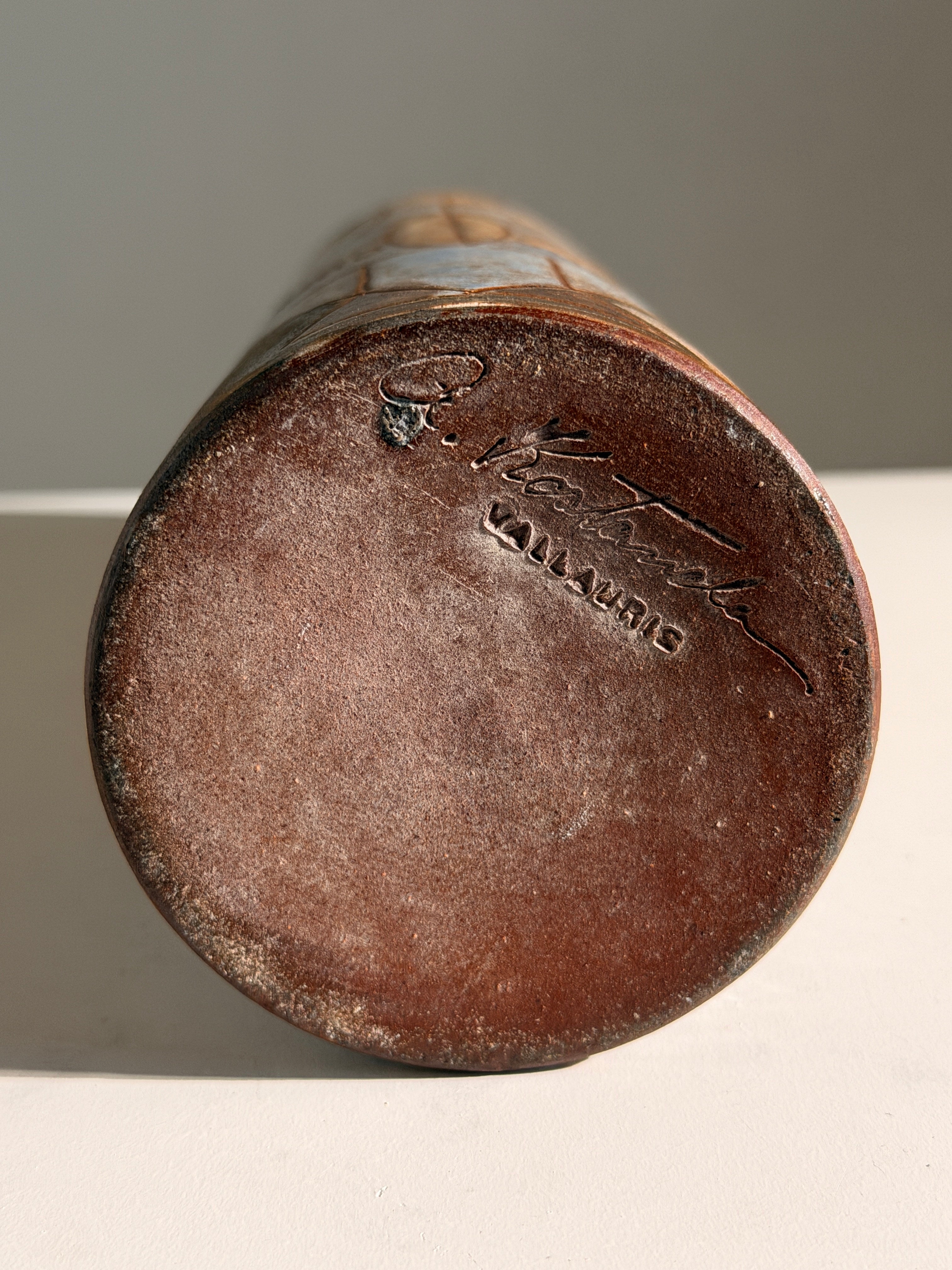 Cylindrical ceramic vase by Alexandre Kostanda, Vallauris, circa 1950 — side angle