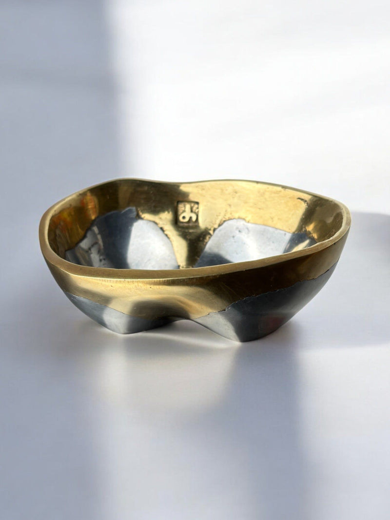 Brutalist Vide-poches by David Marshall, Spain, 1970s — close-up of metallic bowl with gold rim