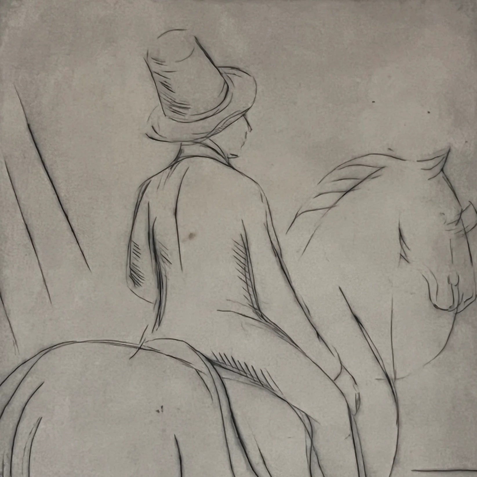 Swedish Etching "Rider" by Börje Sandelin (1926–1970) — close-up of monochrome etching on textured paper