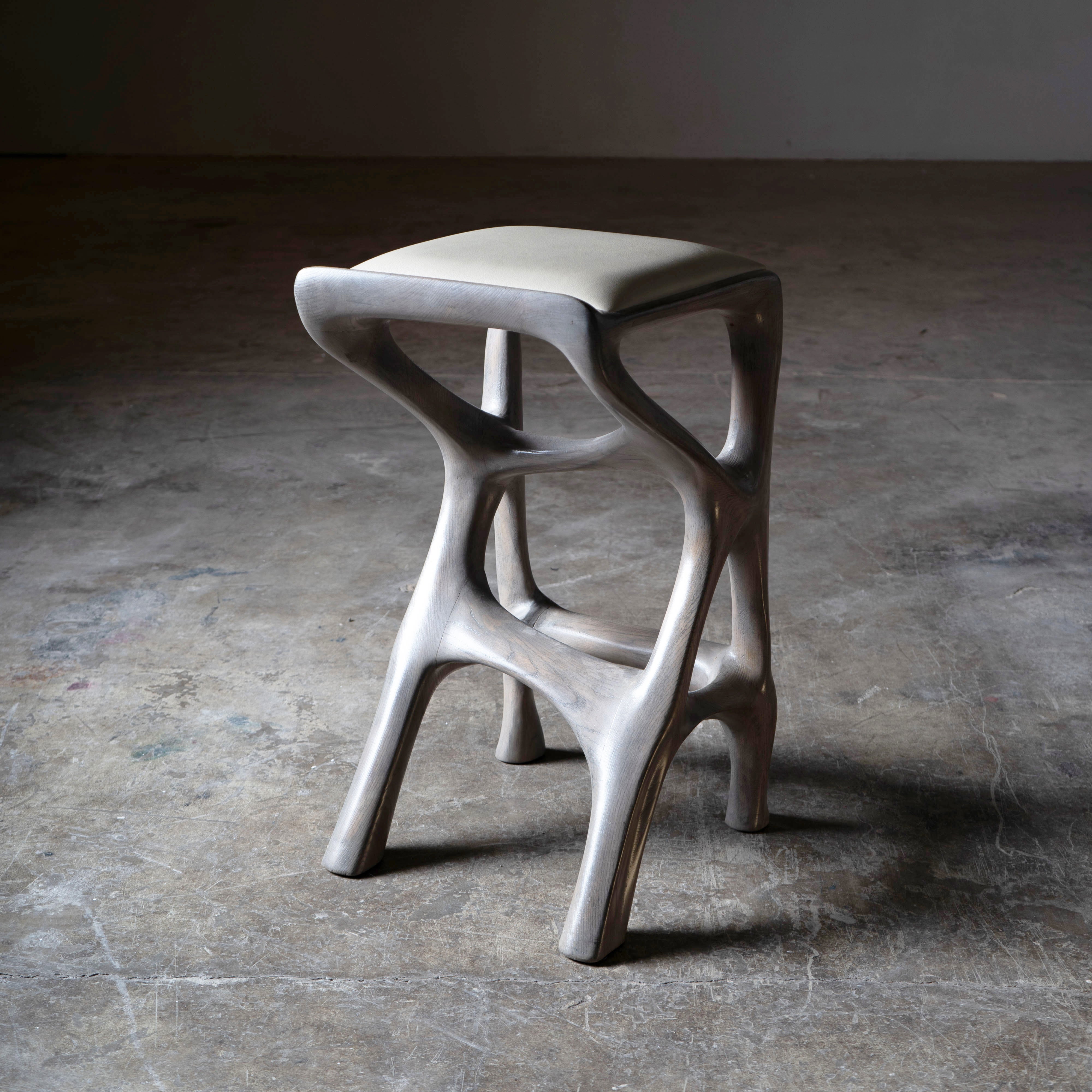 Sculptural Chimera Stool in Ash Wood with Upholstery — side angle