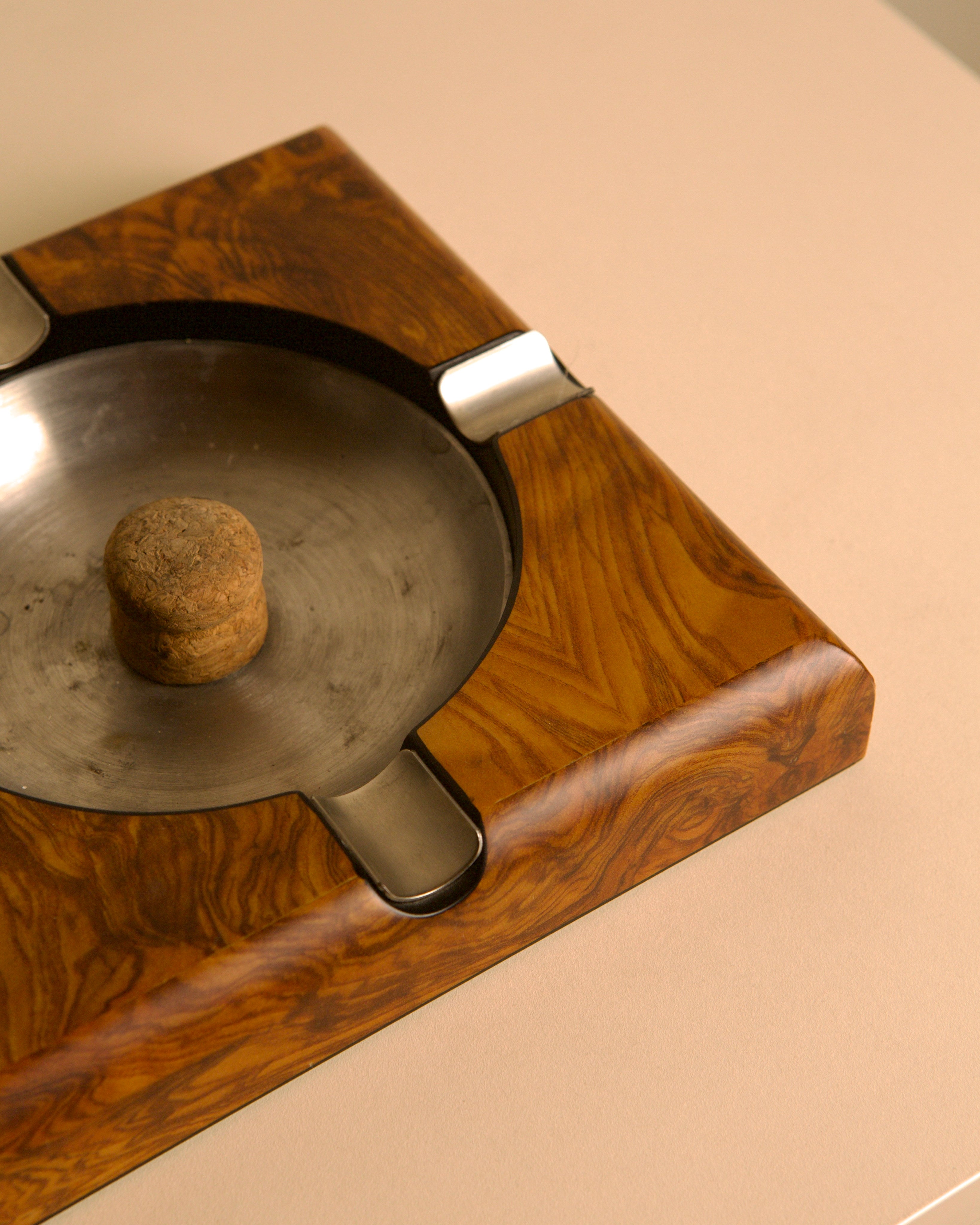 Burl walnut and metal ashtray, Italy, 1980s — lifestyle setting