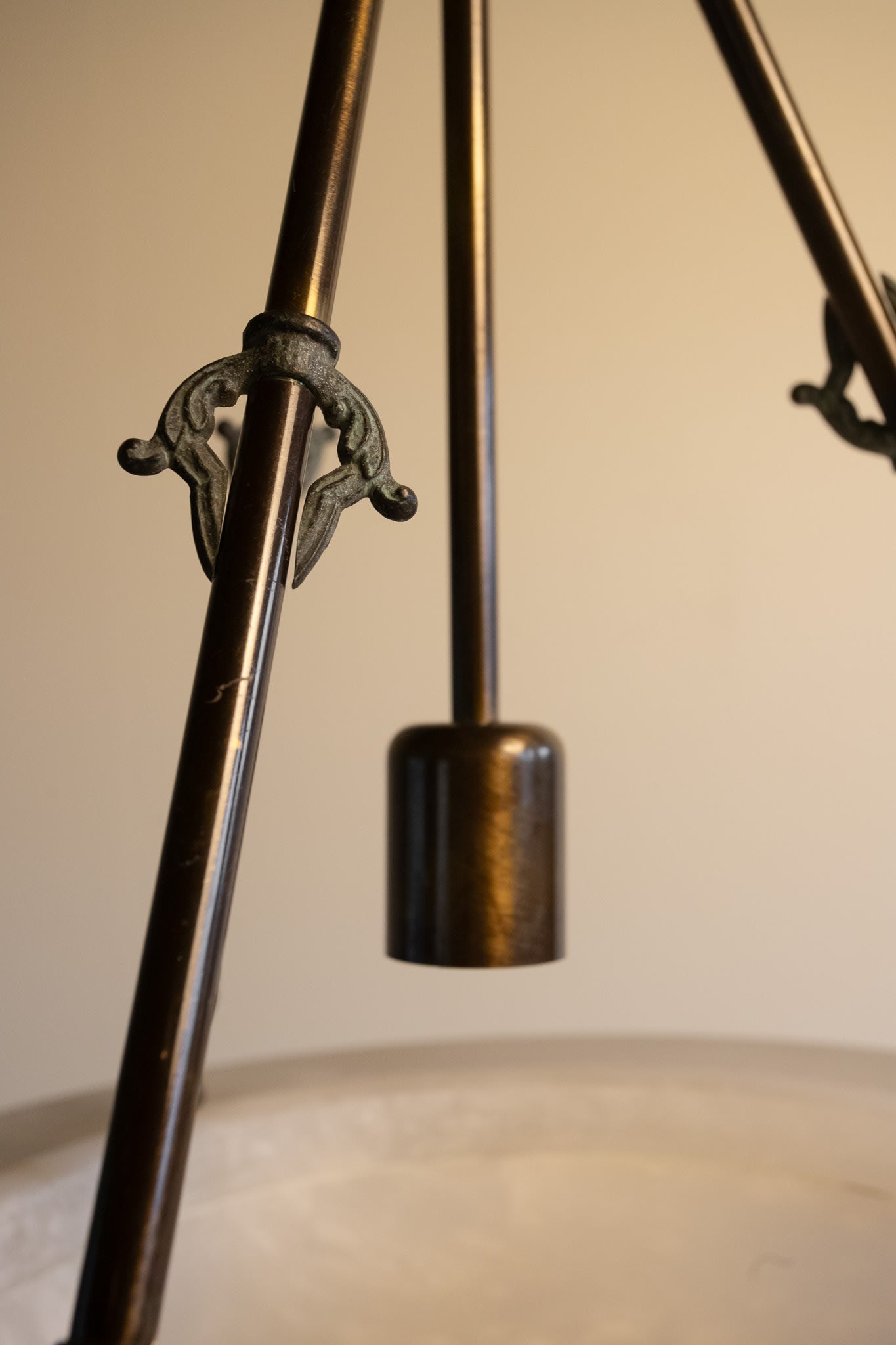 Art Deco Revival Carved Alabaster Plafonnier — side angle showing bronze support details