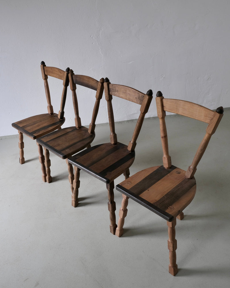 Set of 4 brutalist wooden dining chairs with tripod legs, 1970s