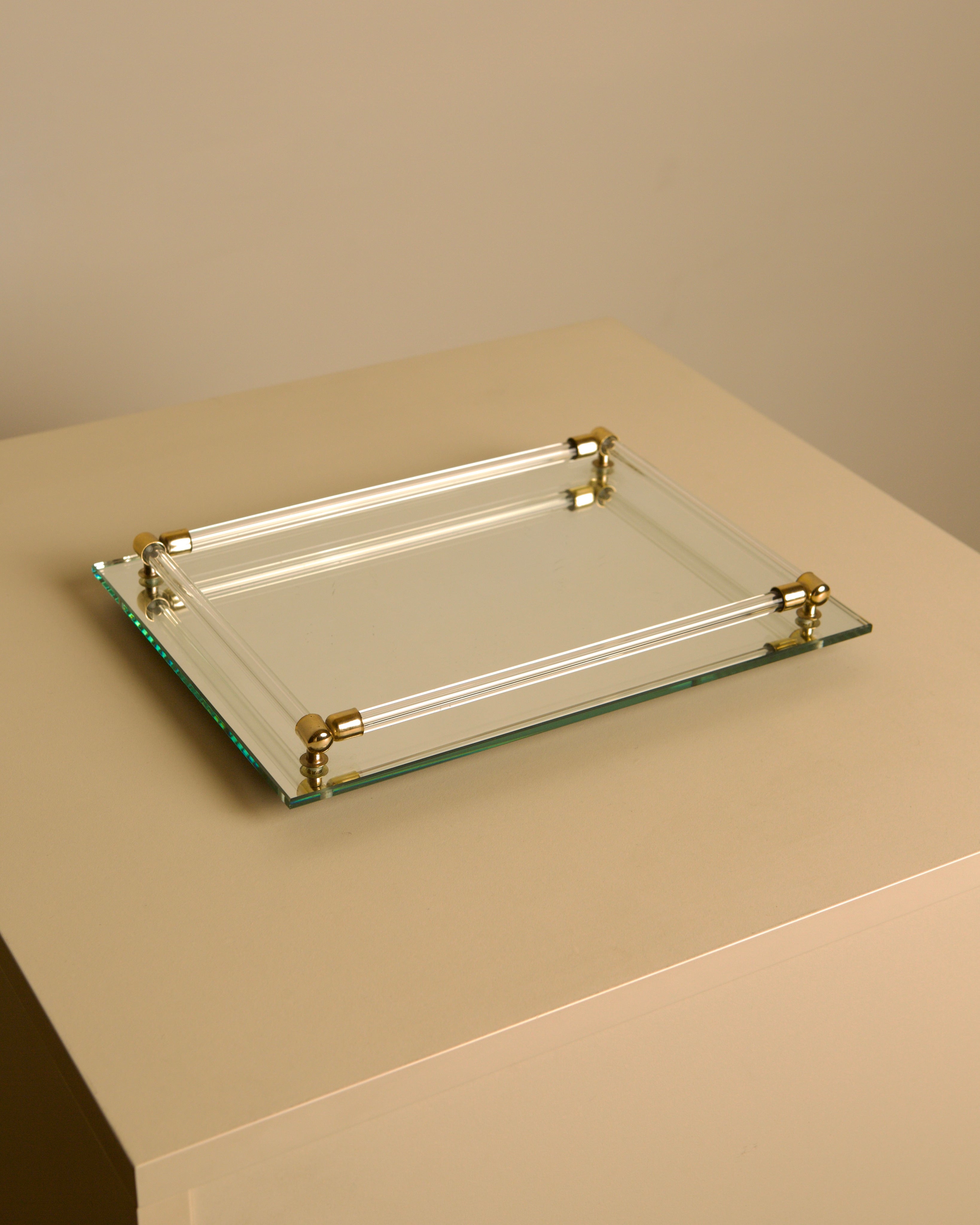 Italian mirror glass, lucite & brass tray, 1970s — detail view