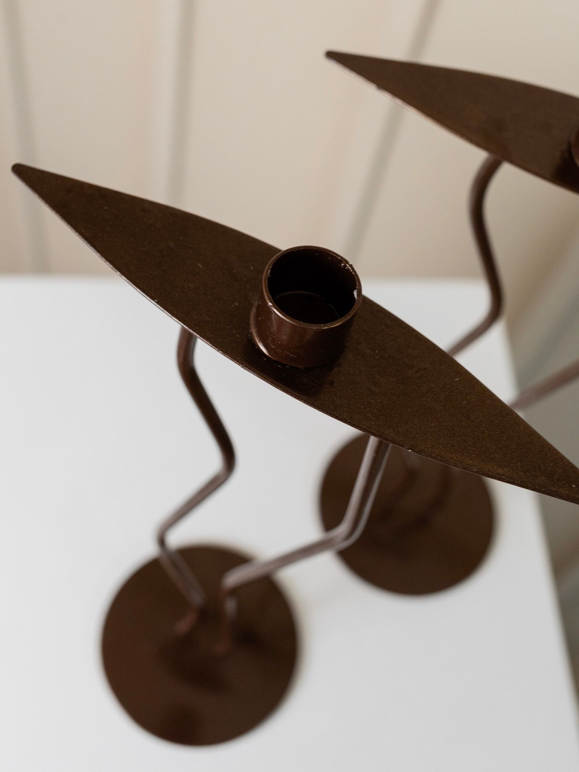 Two Metal Candlesticks Memphis Style — top view of brown metal design