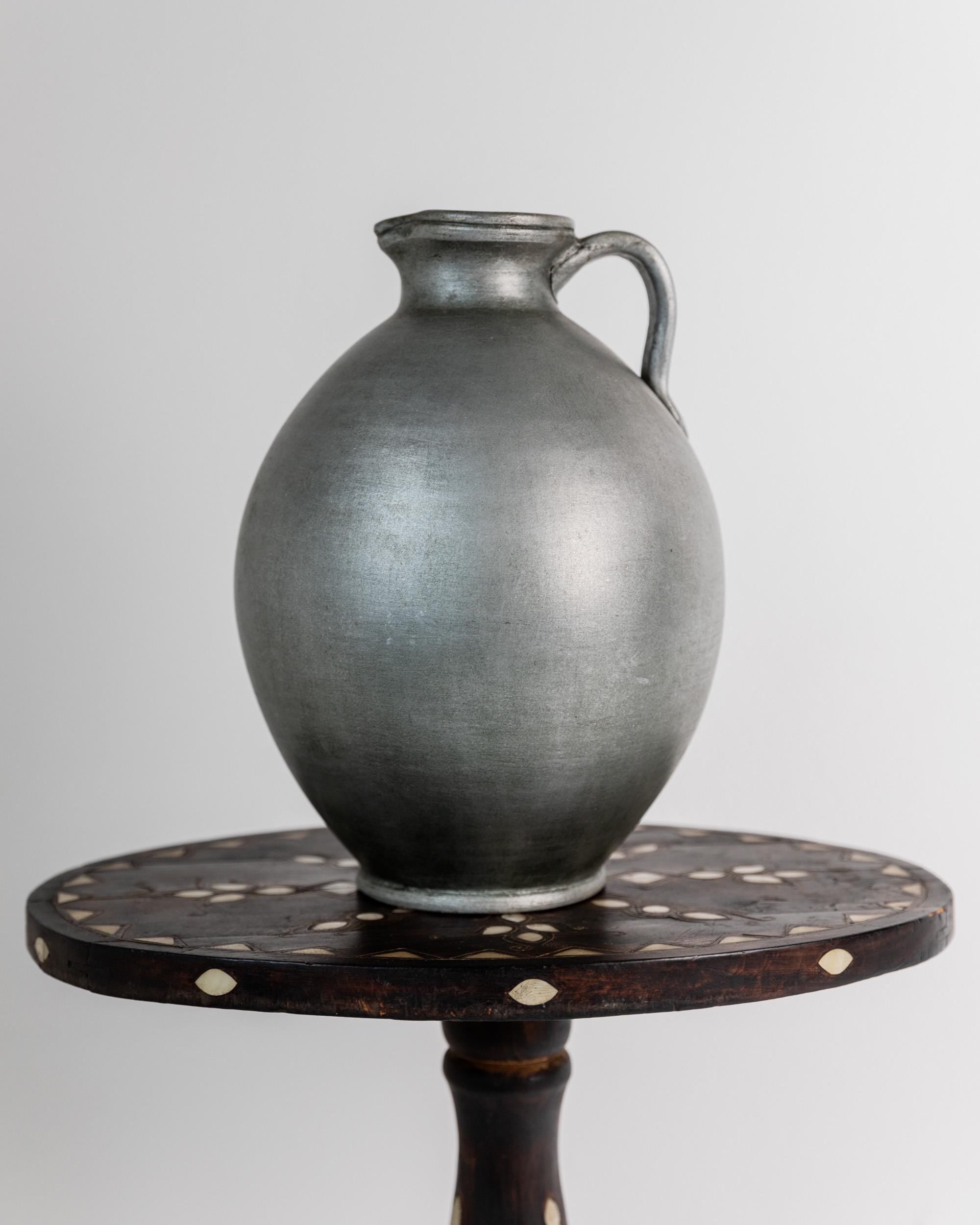 Vintage 1960s Studio Ceramic Vase with Handle, Large Rounded Form with Silver Glaze, Timeless Design, handmade Pottery, Elegant Gift Idea by Bottega Jacobs
