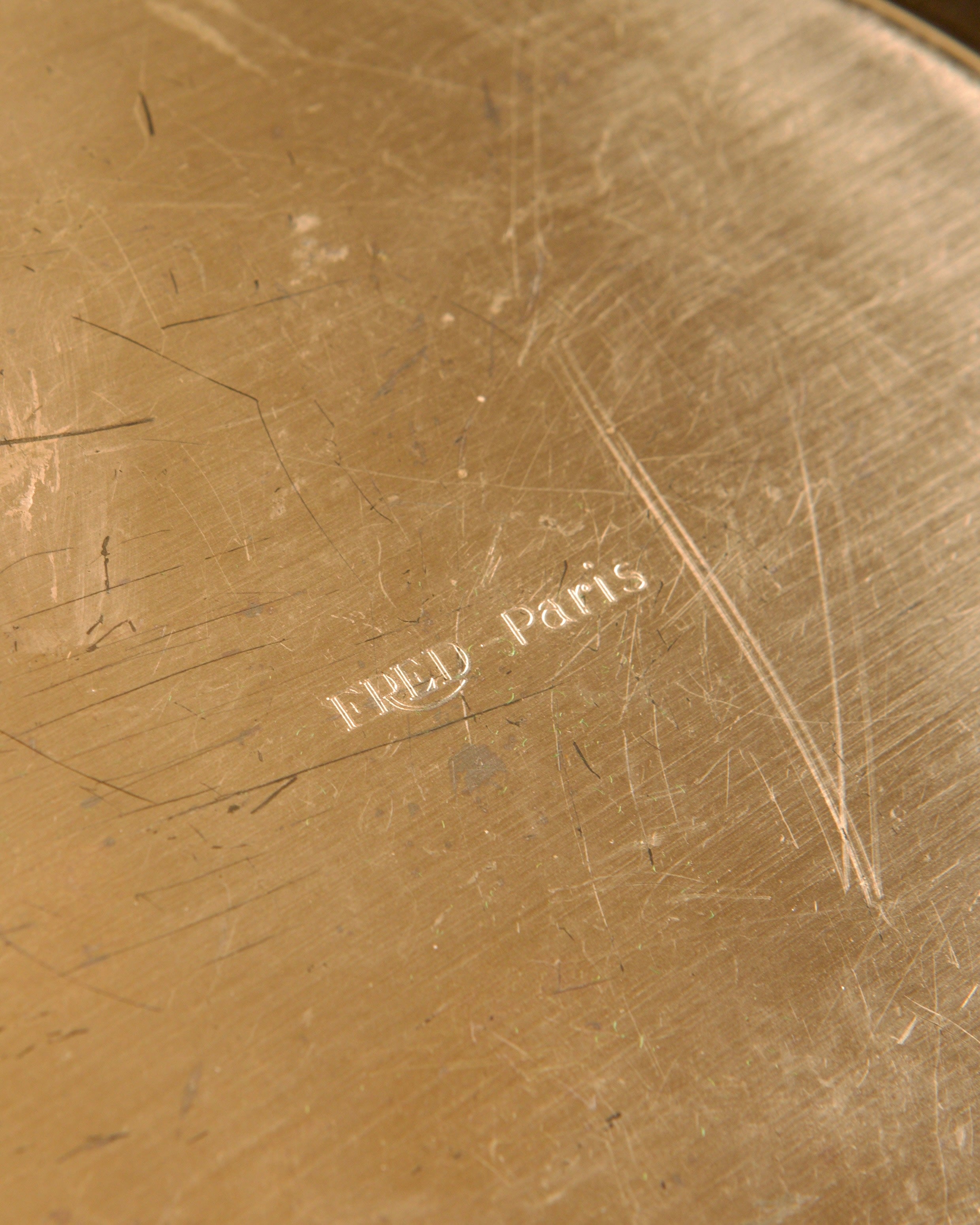 Silver-plated and Brass Vide-poche by Fred, 1970s — close-up of engraved brand detail