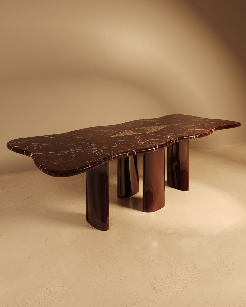 NAZAR marble dining table with curved lacquer legs by VandaVee