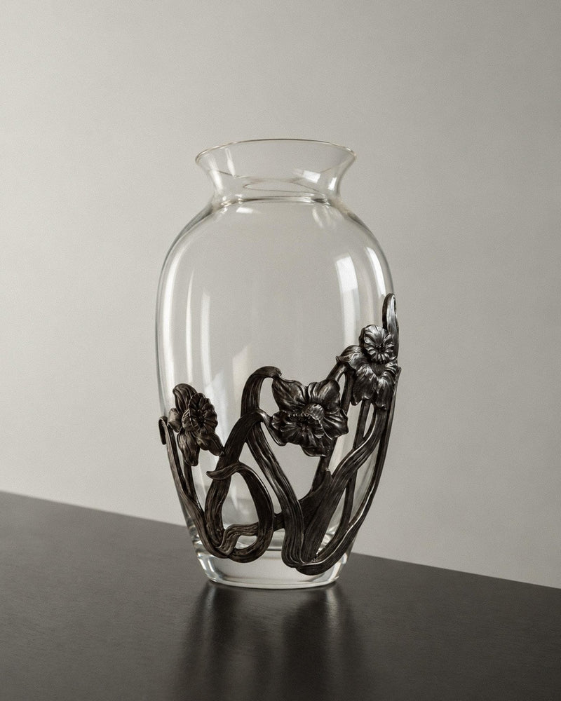 Vintage 1970s Glass Vase, Hand Cast Pewter Daffodil Decoration, Clear Glass with Sculptural Metal Detail, Classic Flower Vase, Gift Idea by Bottega Jacobs