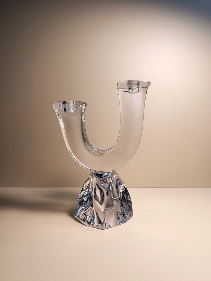 Clear crystal brutalist candelabra with U-shaped design by Daum