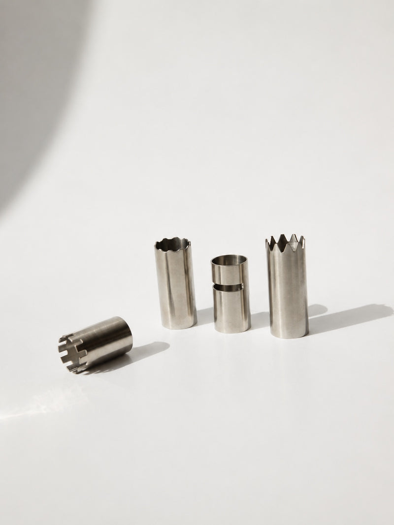 Rare Italian Modernist Steel Chess Set, Architectural Geometric Design — detail view
