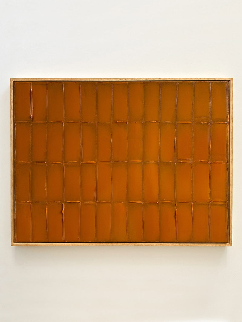 Abstract orange geometric painting with grid pattern by Roi Elmaliah