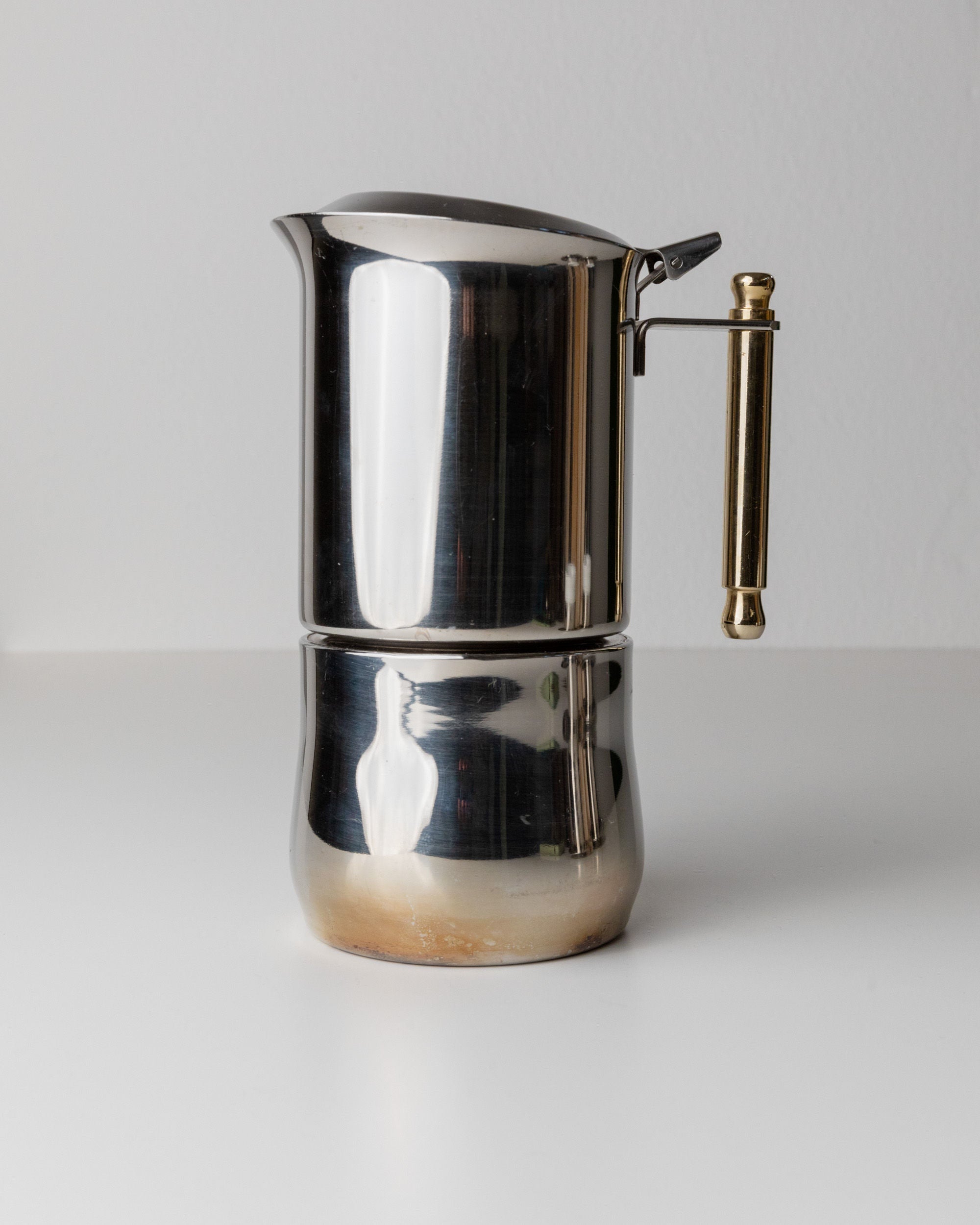 Coffee Set by IMCO, Italy 80s — side angle of polished stainless steel pot