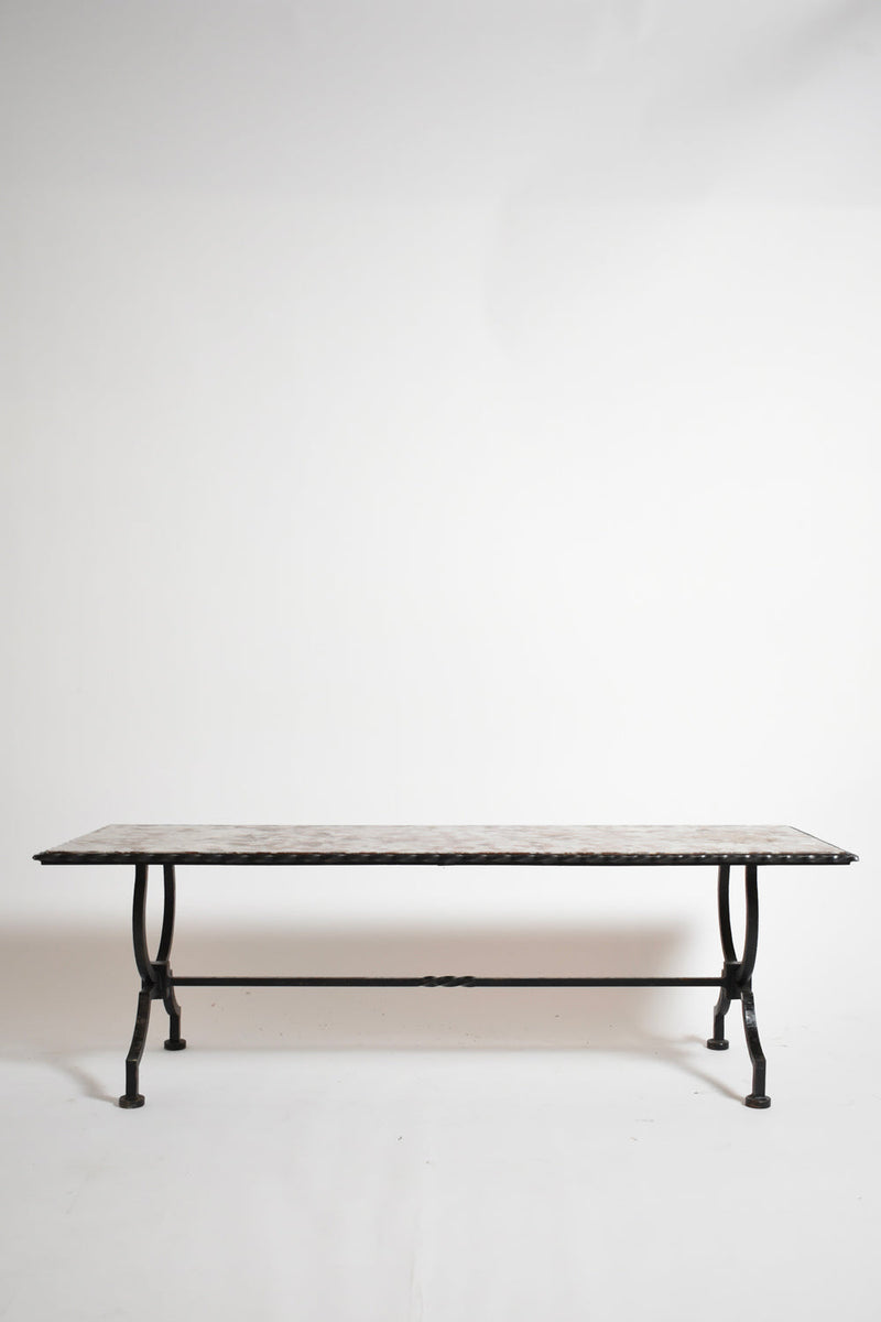 Wrought iron and marble coffee table, France 1940s — front view highlighting marble top and iron legs