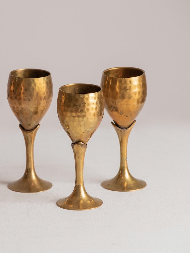 Vintage Hammered Brass Goblets with Tulip Stems, Set of 5 — detail view