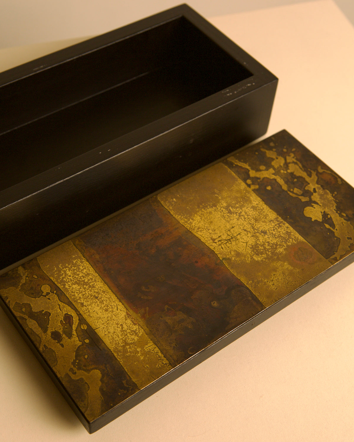 Black-stained wooden box with engraved brass lid by Jean Blazy, 1960s — close-up