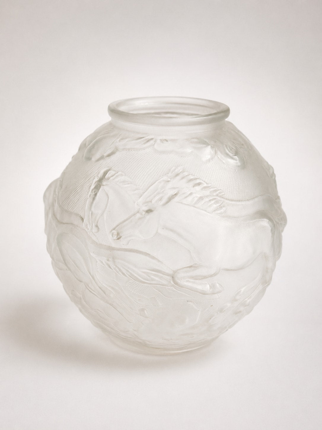Pristine Art Deco "Galloping Horses" Frosted Glass Vase by Karl Zentner for Libochovice, c. 1930s — lifestyle setting