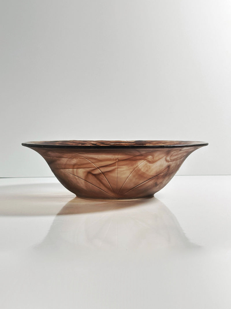 Art Deco cloud glass serving bowl with geometric etched pattern
