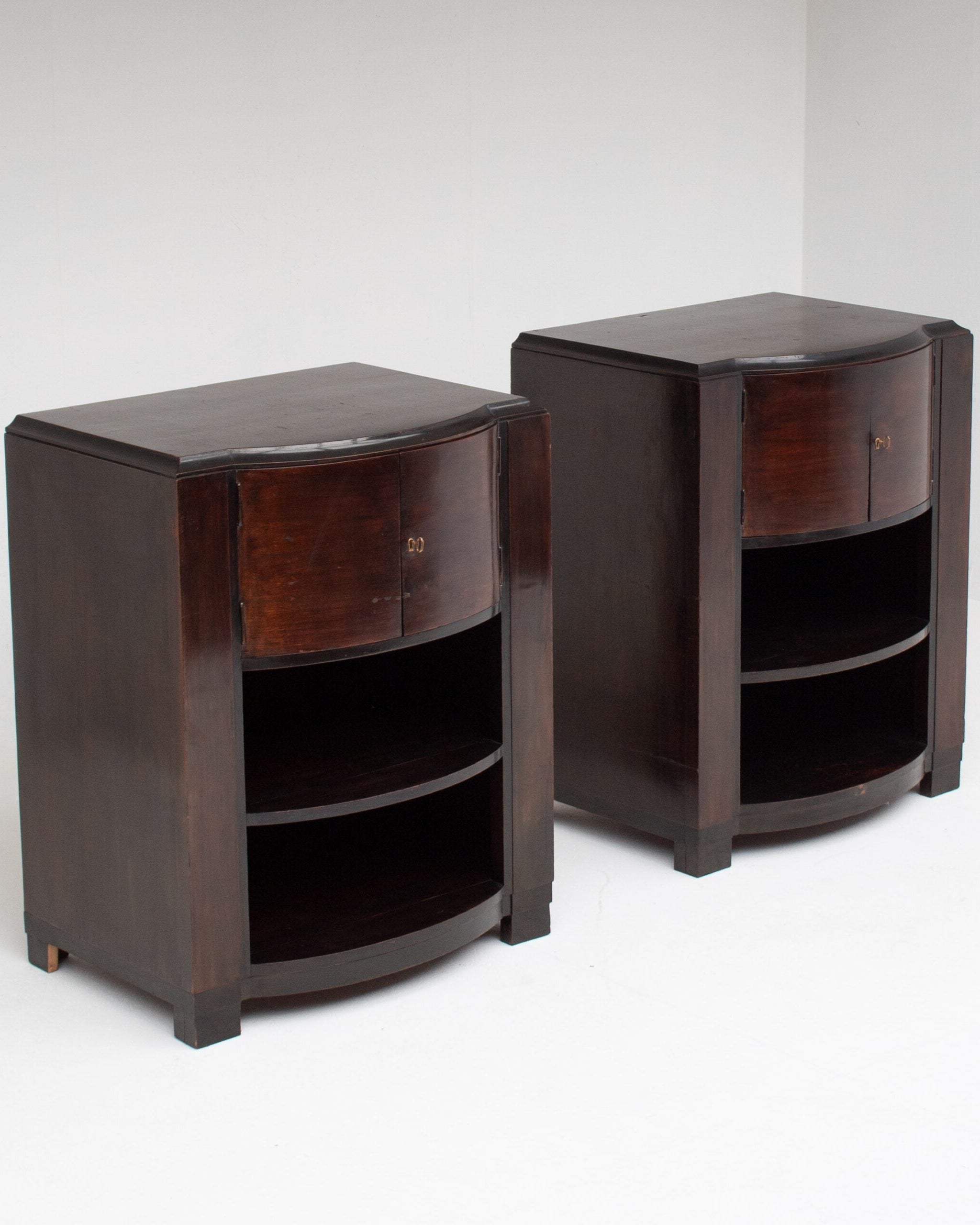 Art Deco Cabinets — side angle showing dark wood finish and open shelves
