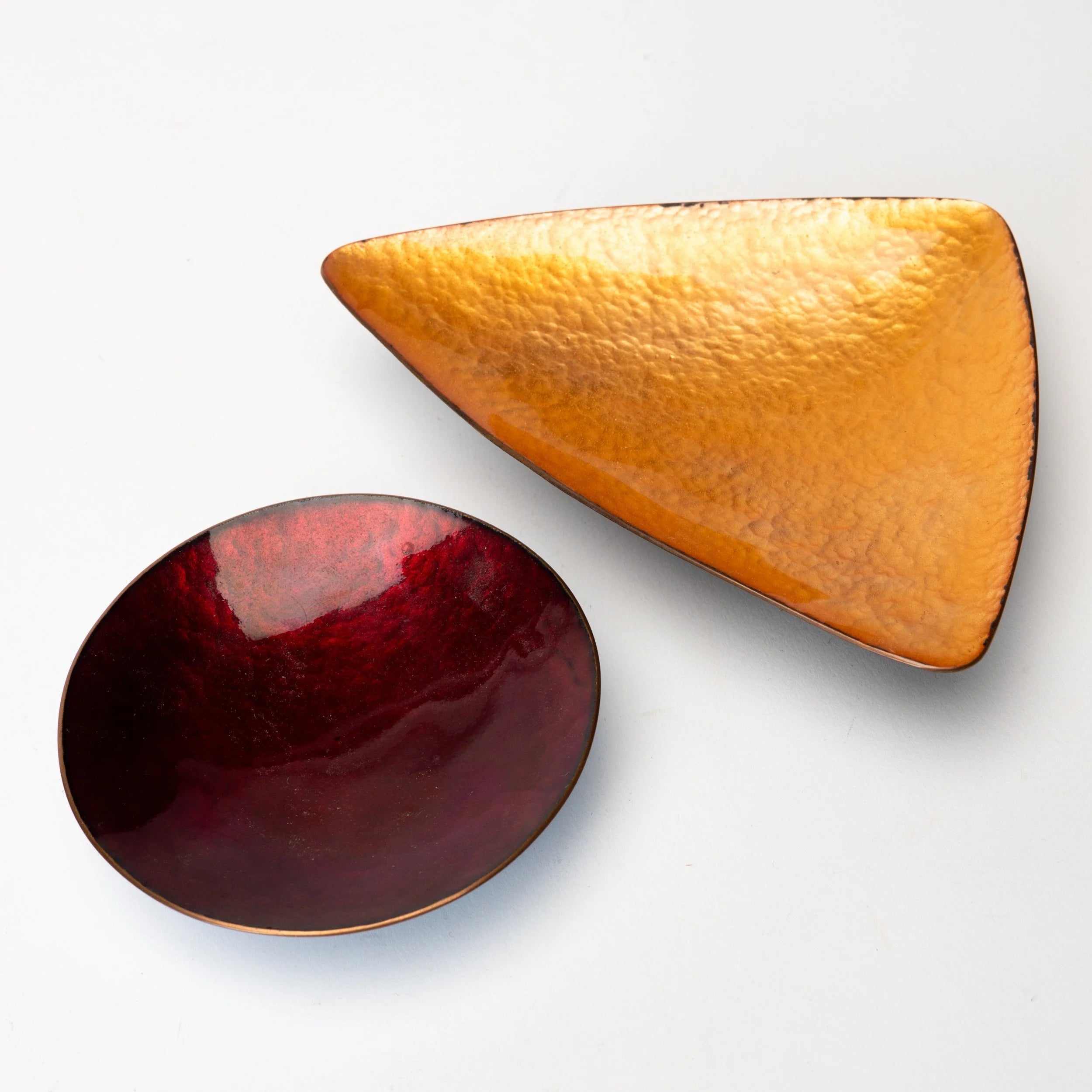 Pair of Coloured Enamelled Copper Dishes — side angle