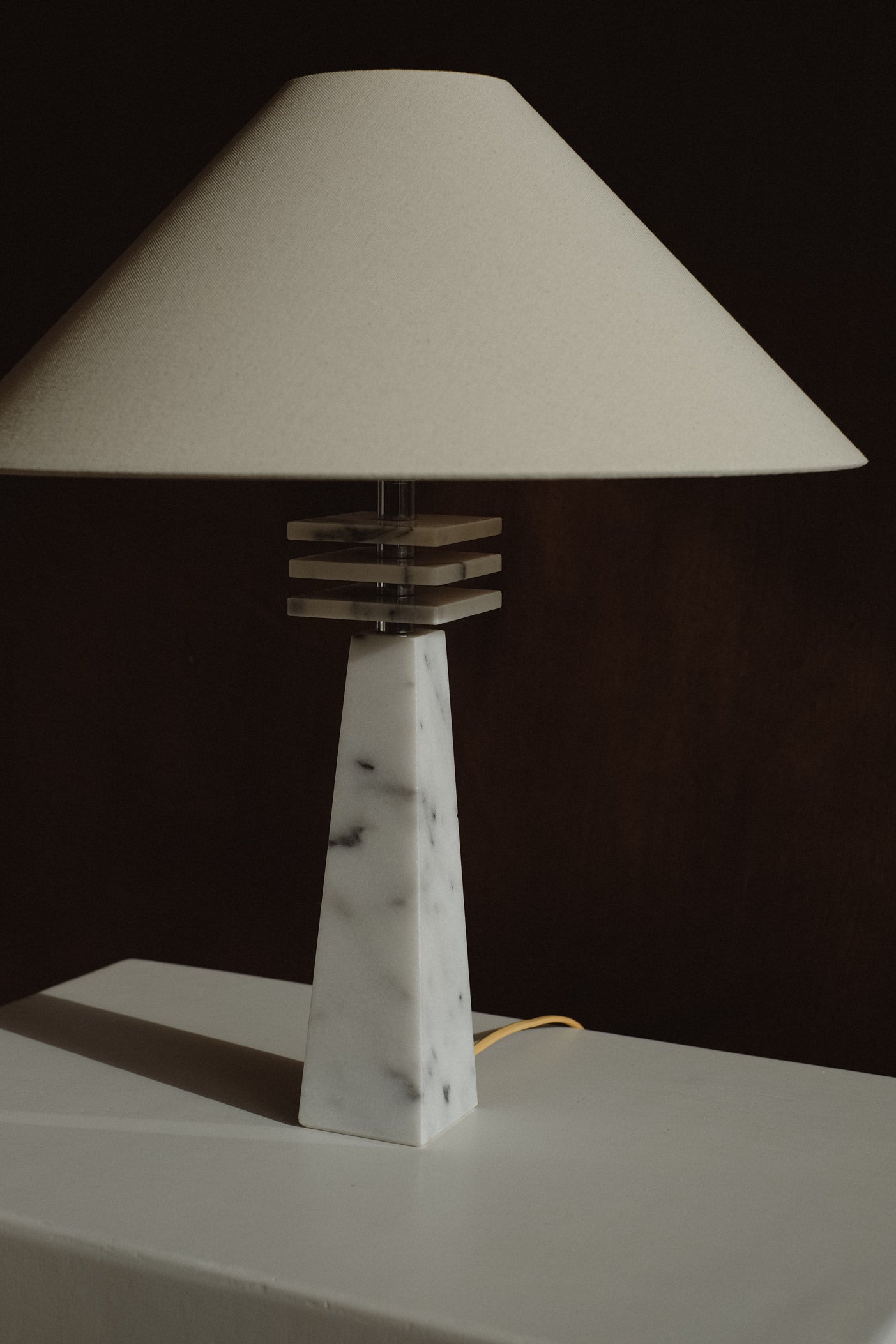 Marble Table Lamp — side view highlighting white marble base and fabric shade