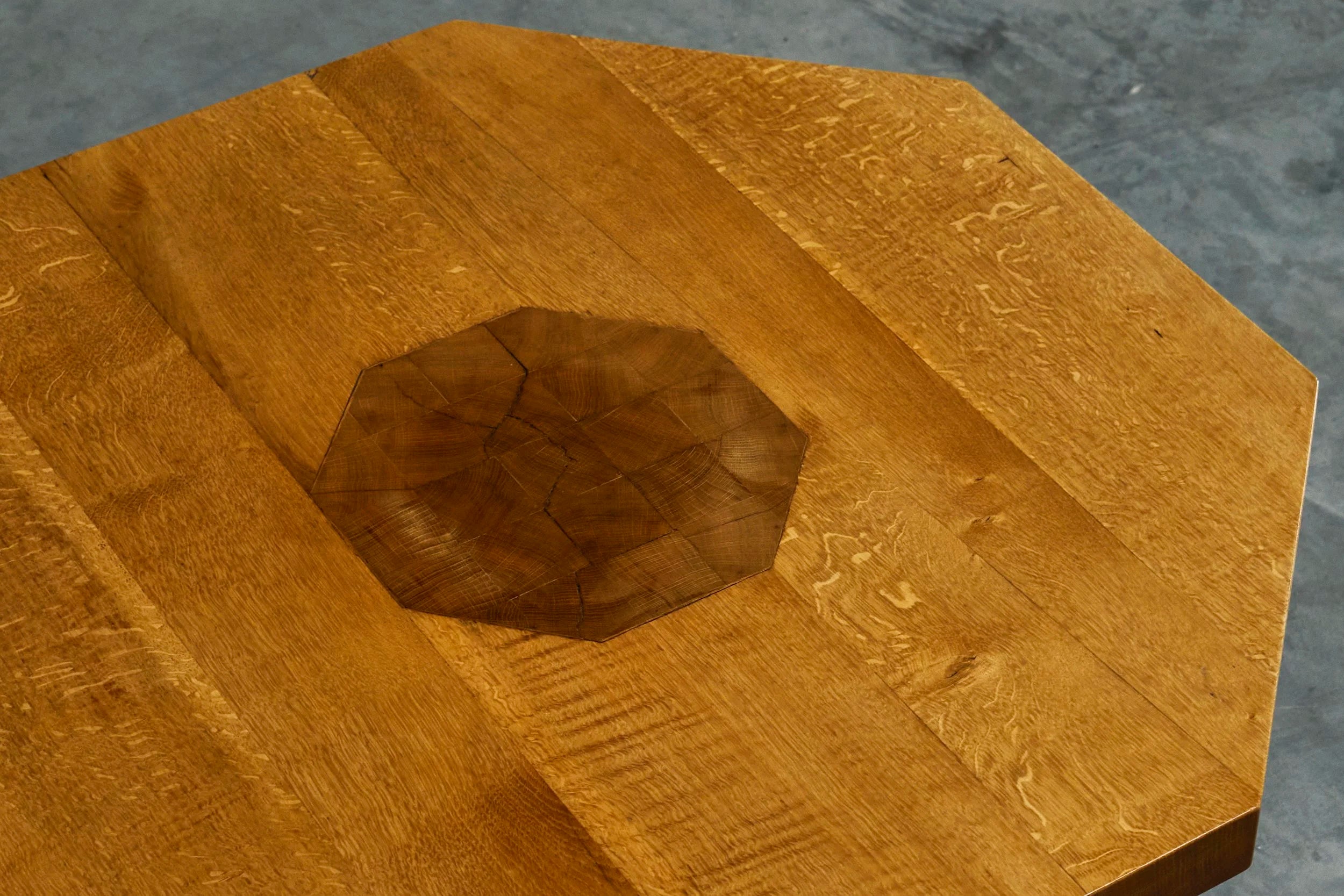 Unique Octagonal Coffee Table in Solid Oak with End Grain Wood, 1950s — side angle