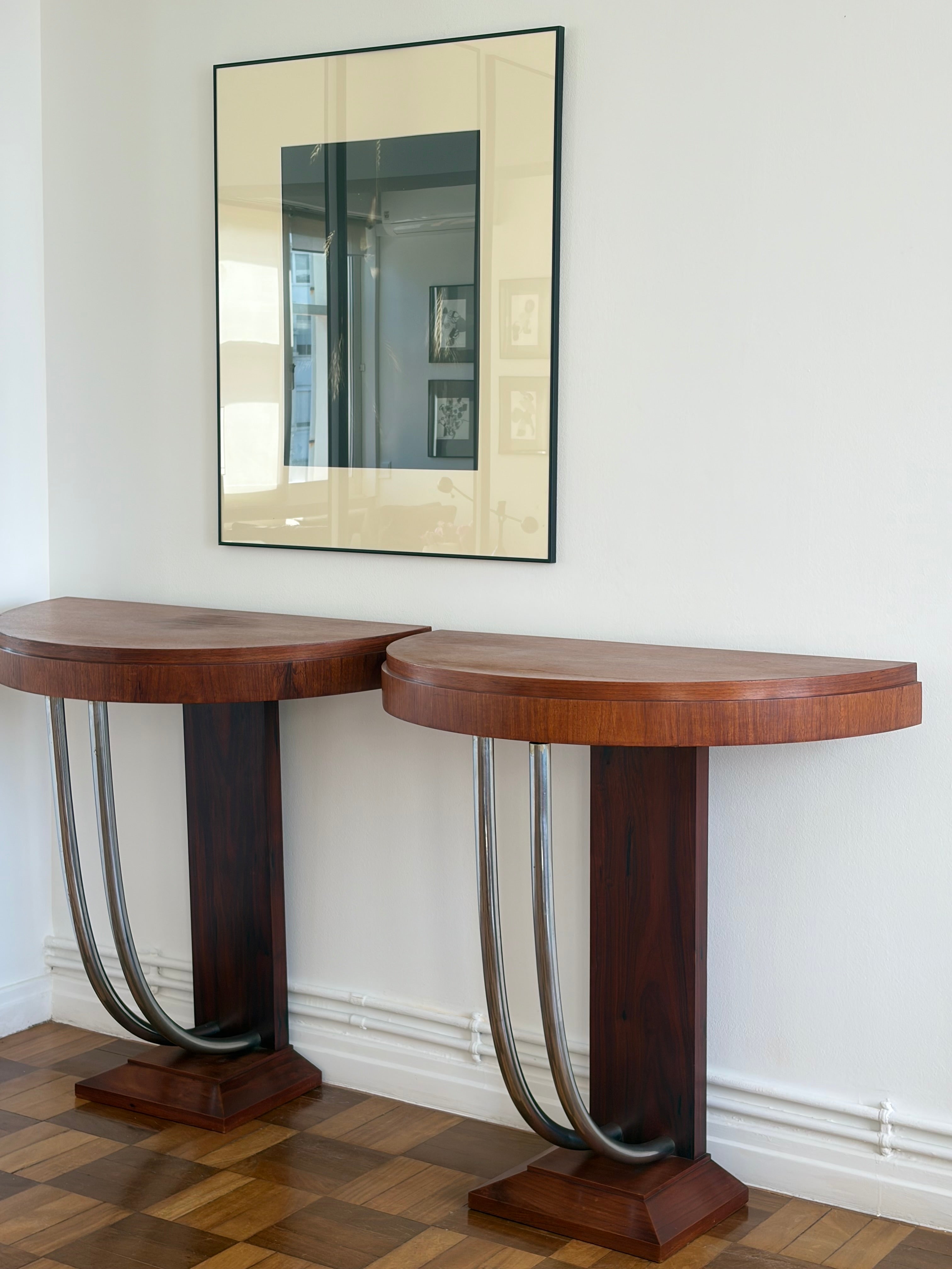 French Art Deco Rosewood Demilune Console Tables, Pair, c. 1930s by OBJECT AGENCY | The Oblist