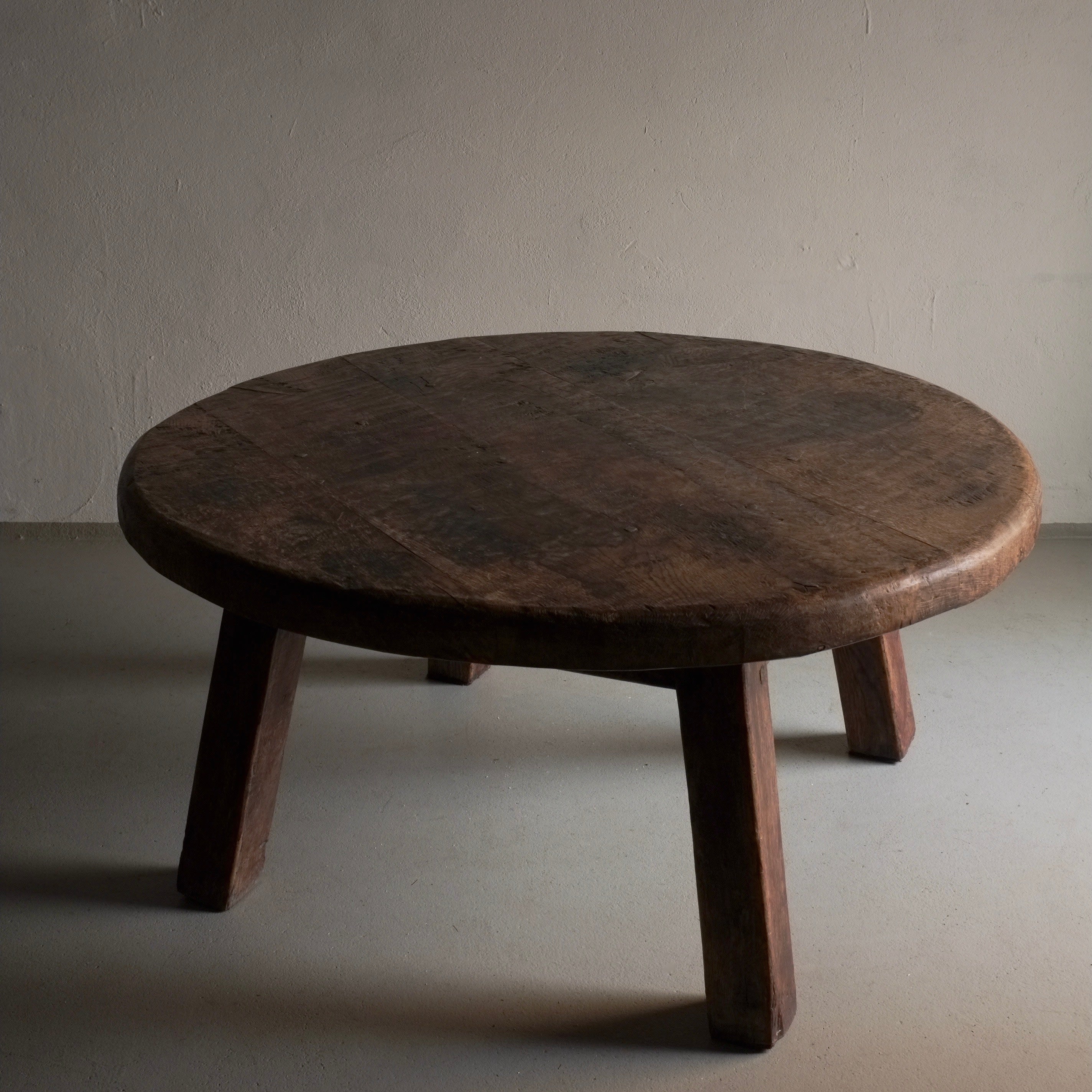 Brutalist Oak Round Coffee Table | Belgium | 1950s — angled view highlighting rough wood texture